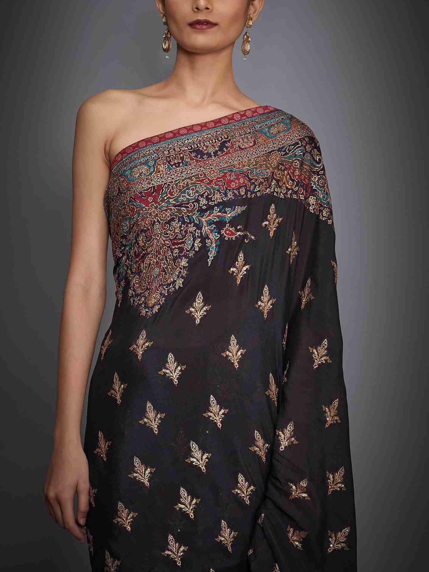 Black & Multi Nagina Saree With Unstitched Blouse