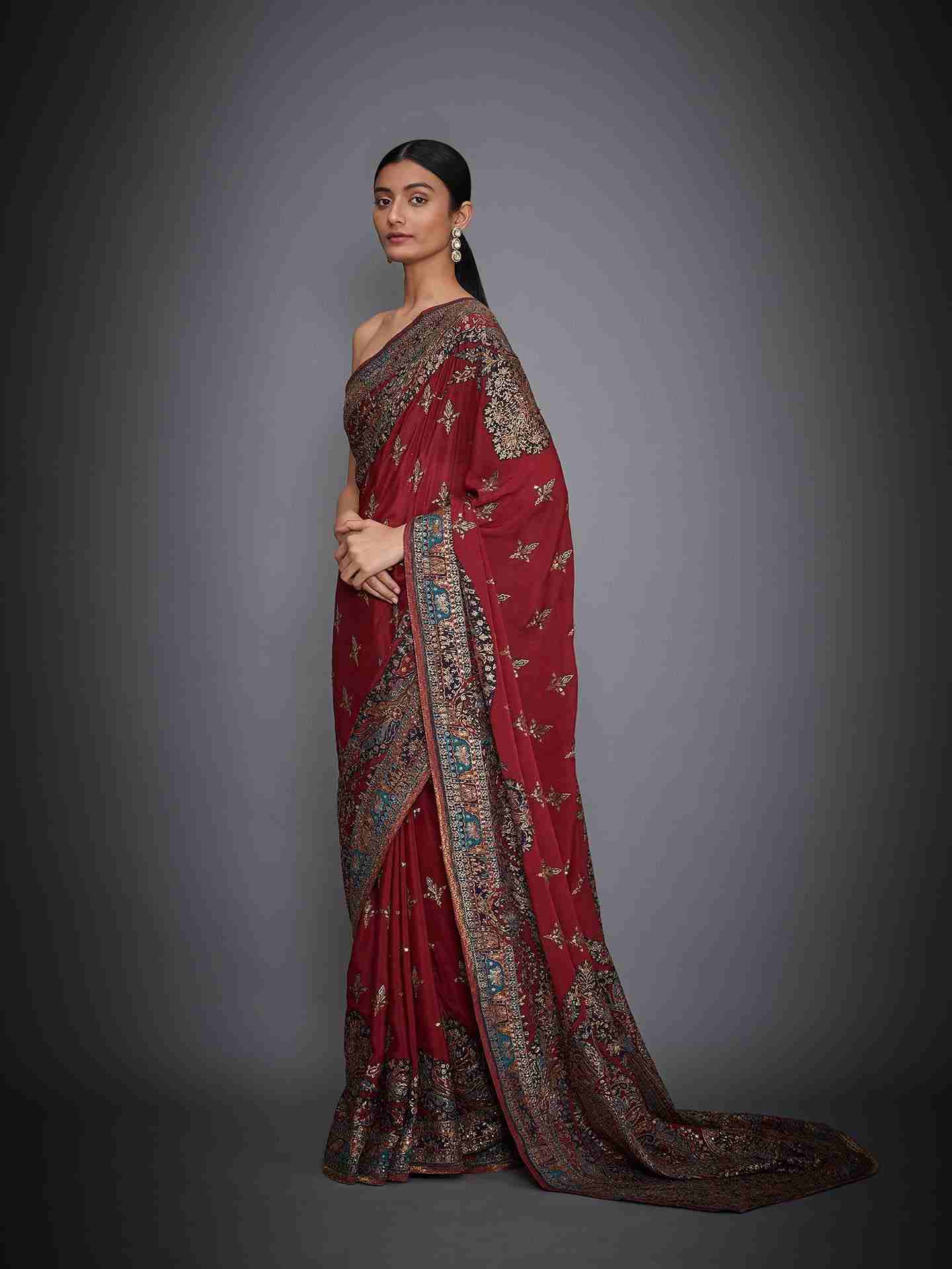 Red & Multi Nagina Saree With Unstitched Blouse