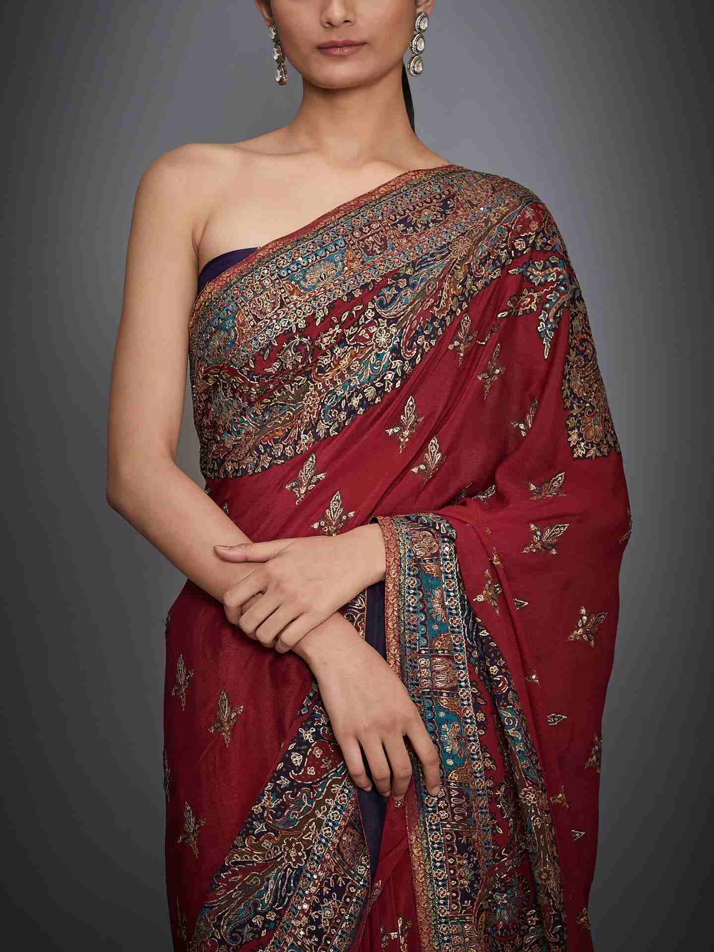 Red & Multi Nagina Saree With Unstitched Blouse