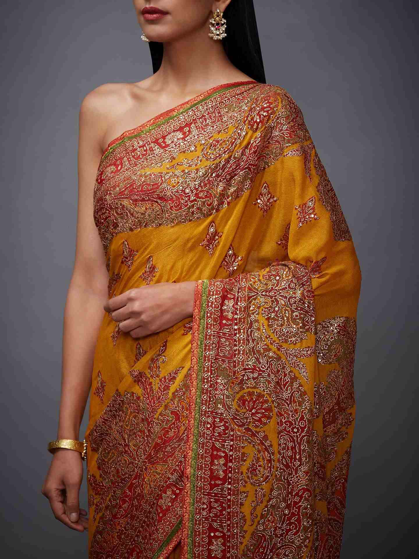 Yellow & Red Nagina Saree With Unstitched Blouse