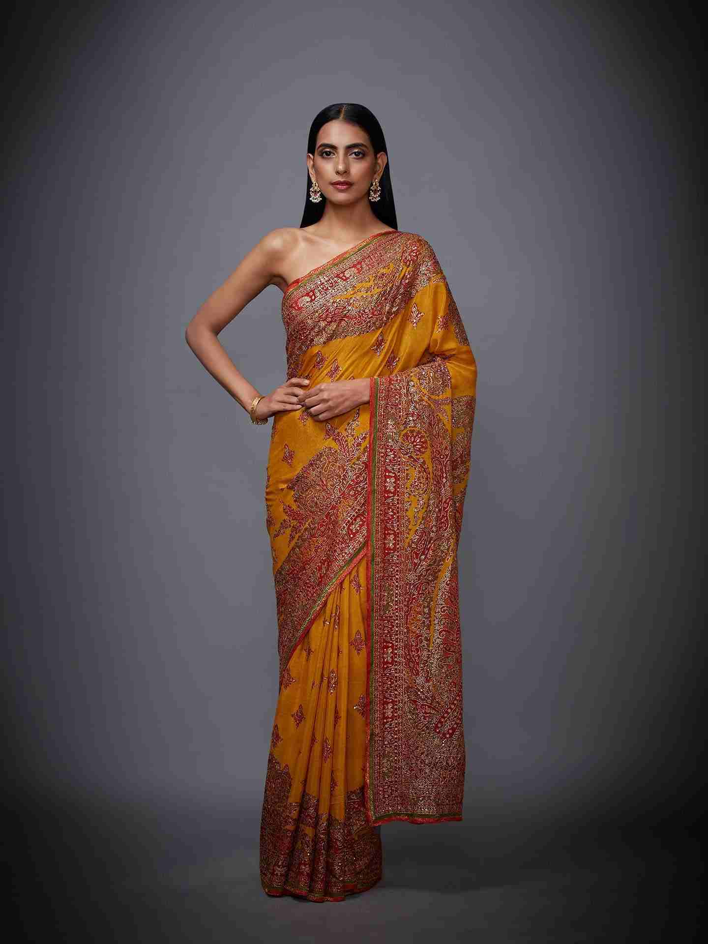 Yellow & Red Nagina Saree With Unstitched Blouse