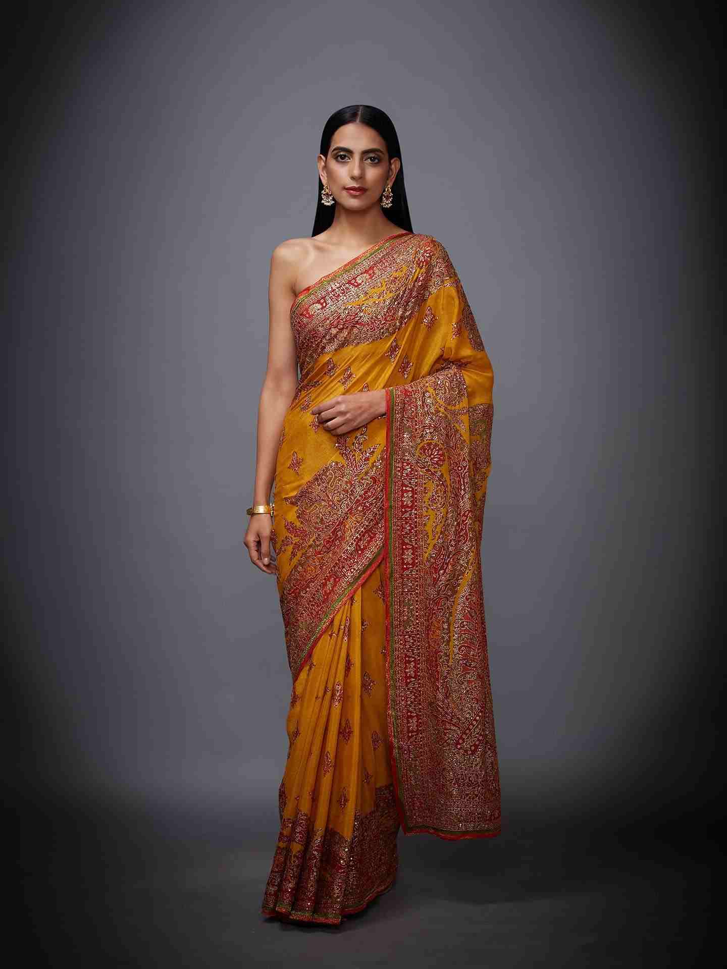 Yellow & Red Nagina Saree With Unstitched Blouse