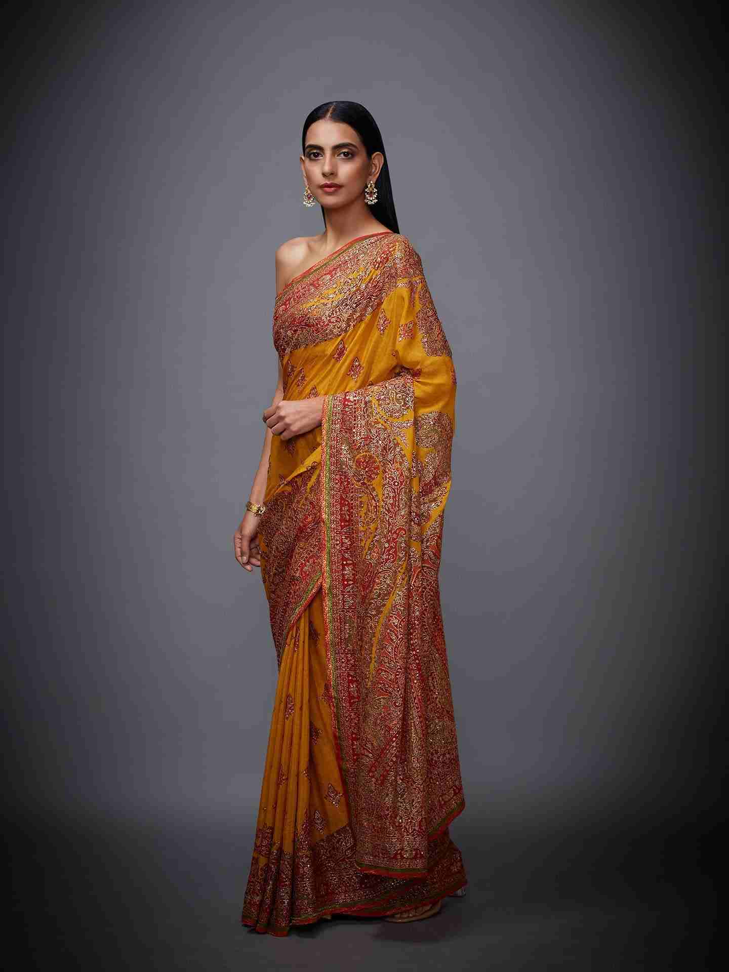 Yellow & Red Nagina Saree With Unstitched Blouse