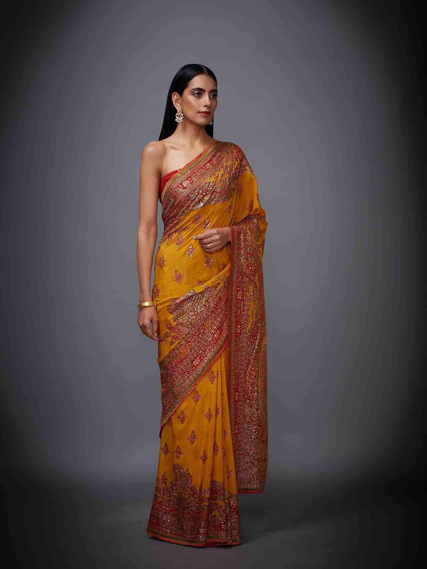 Yellow & Red Nagina Saree With Unstitched Blouse