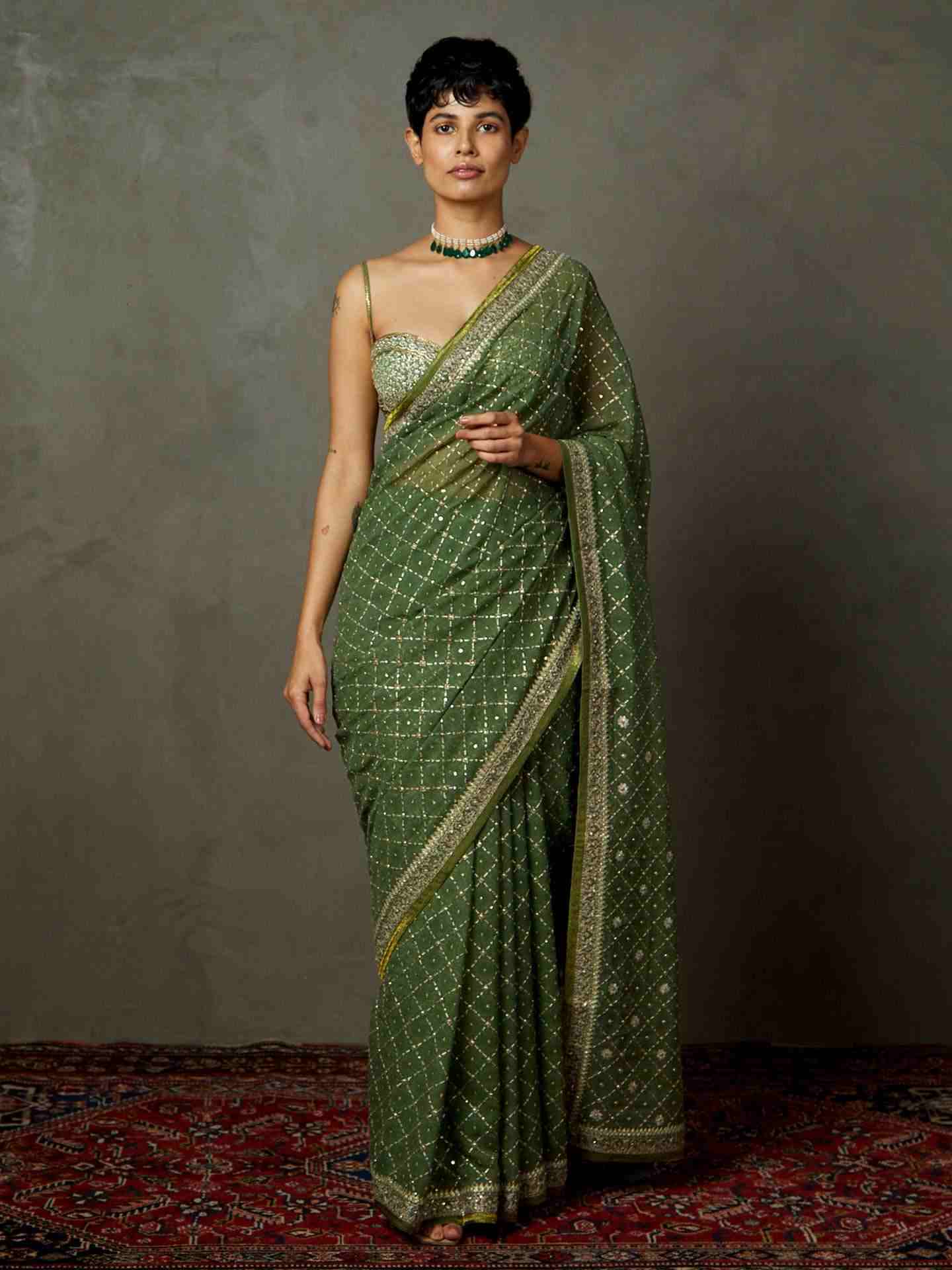 Khaki Rohira Saree With Unstitched Blouse