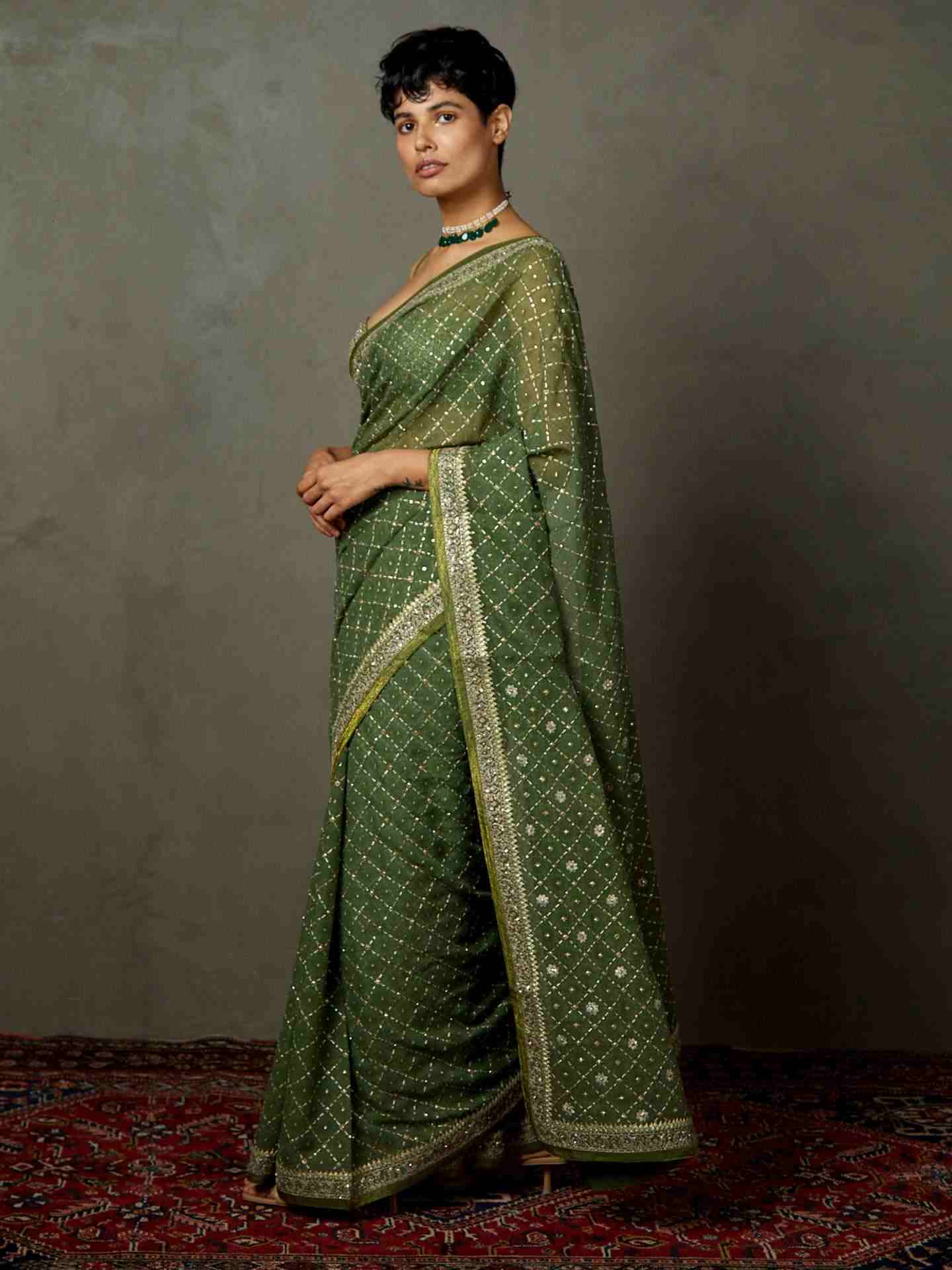 Khaki Rohira Saree With Unstitched Blouse