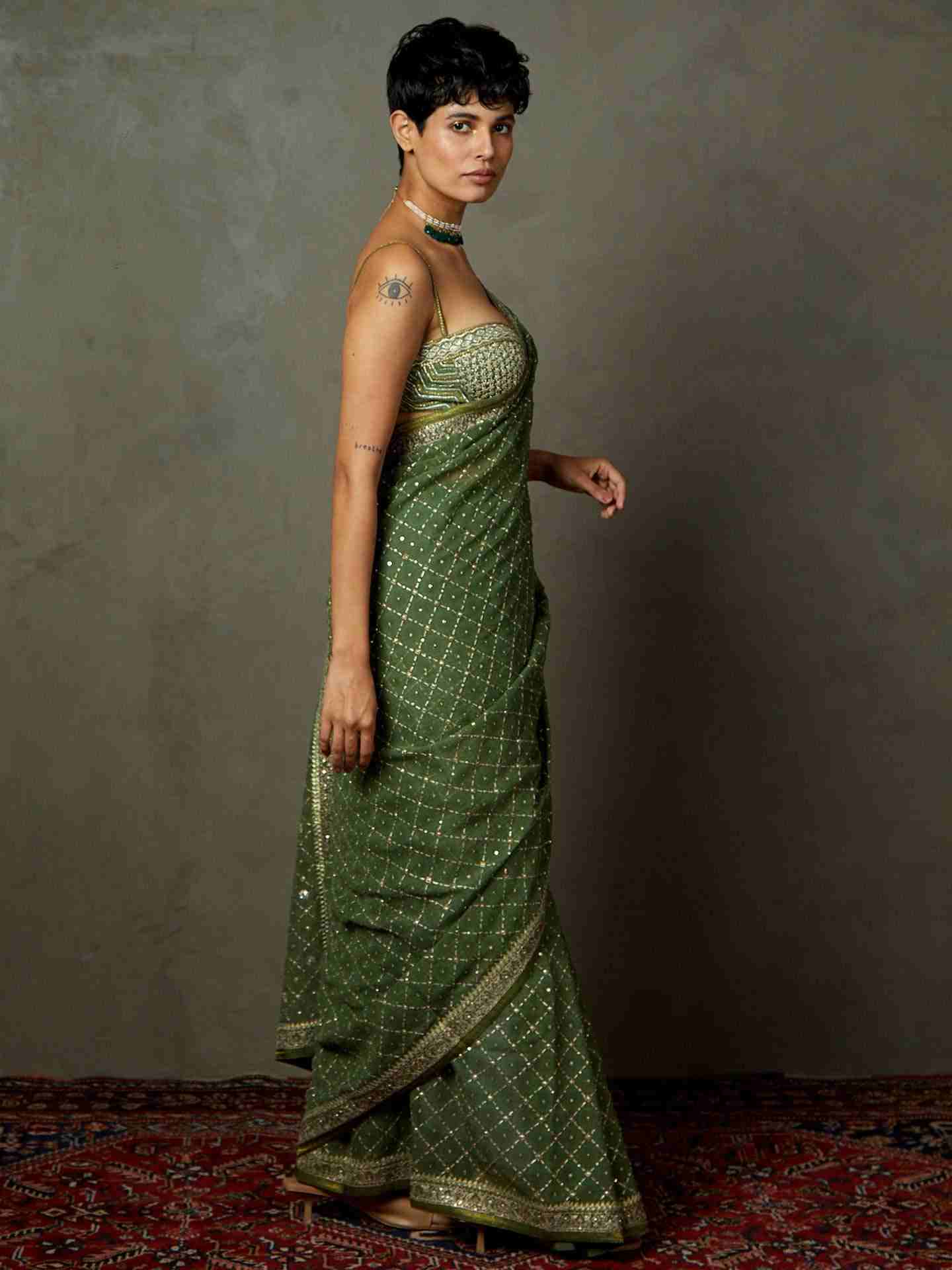 Khaki Rohira Saree With Unstitched Blouse