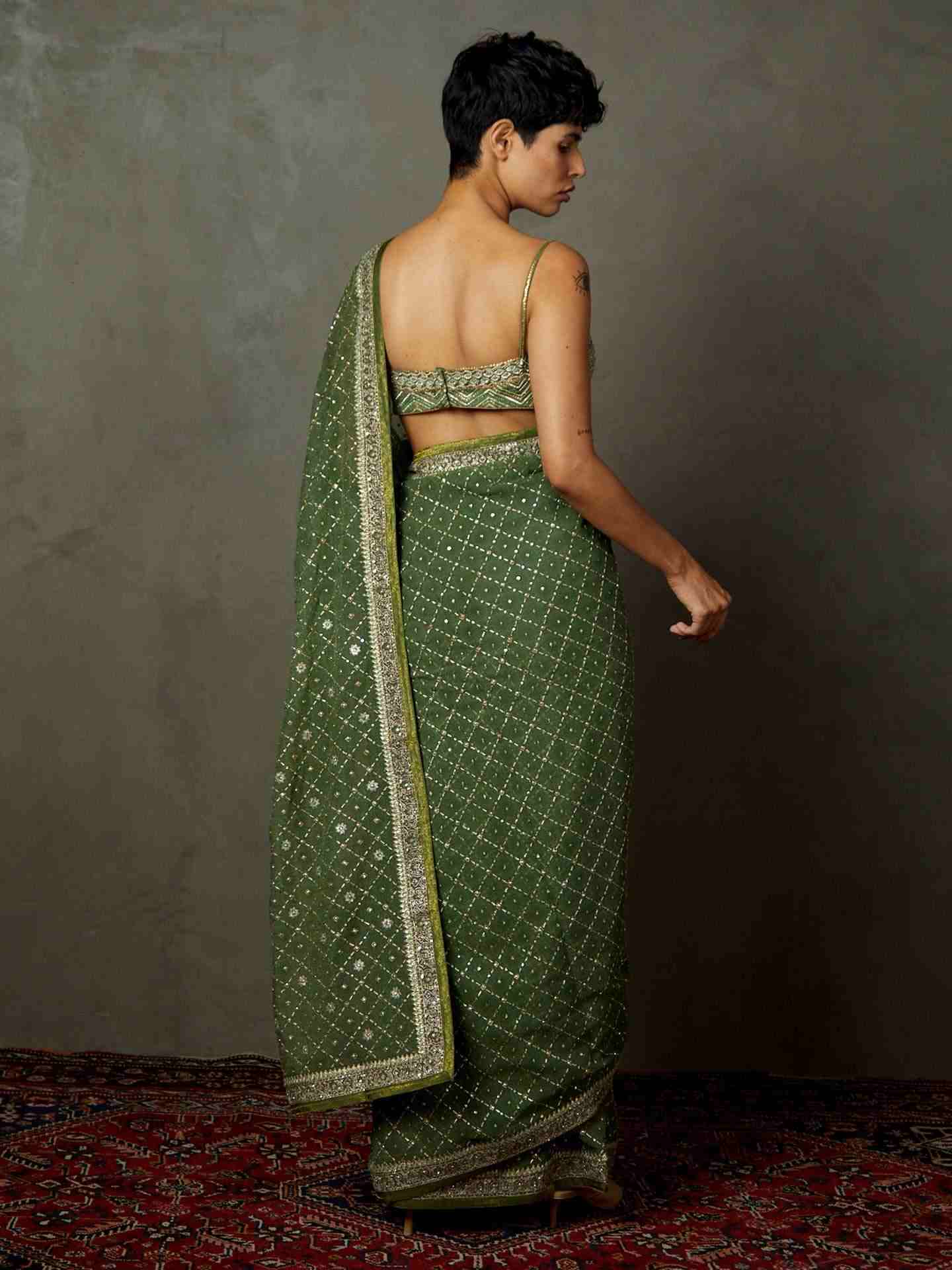 Khaki Rohira Saree With Unstitched Blouse