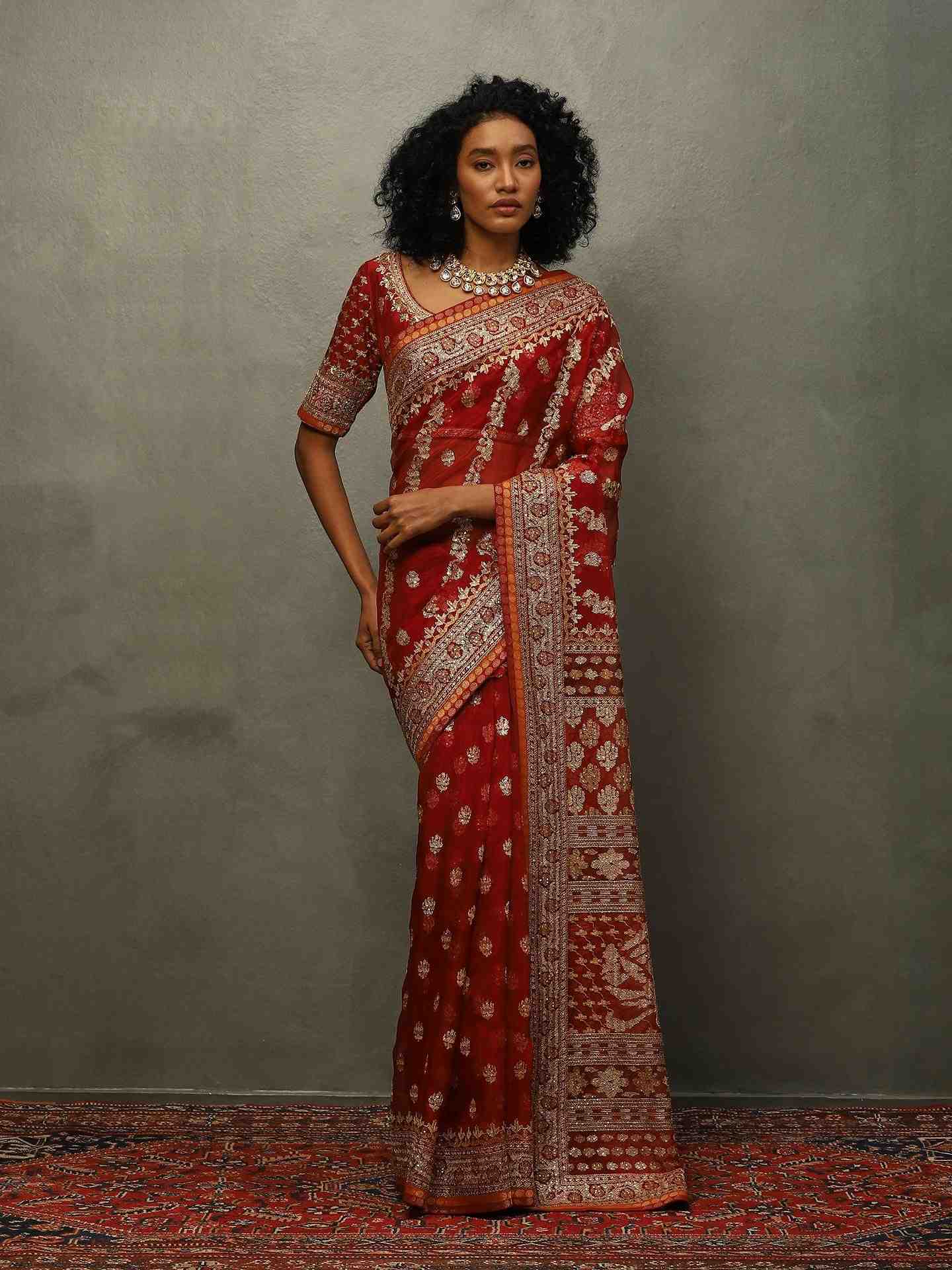 Red Jamdani Saree With Unstitched Blouse