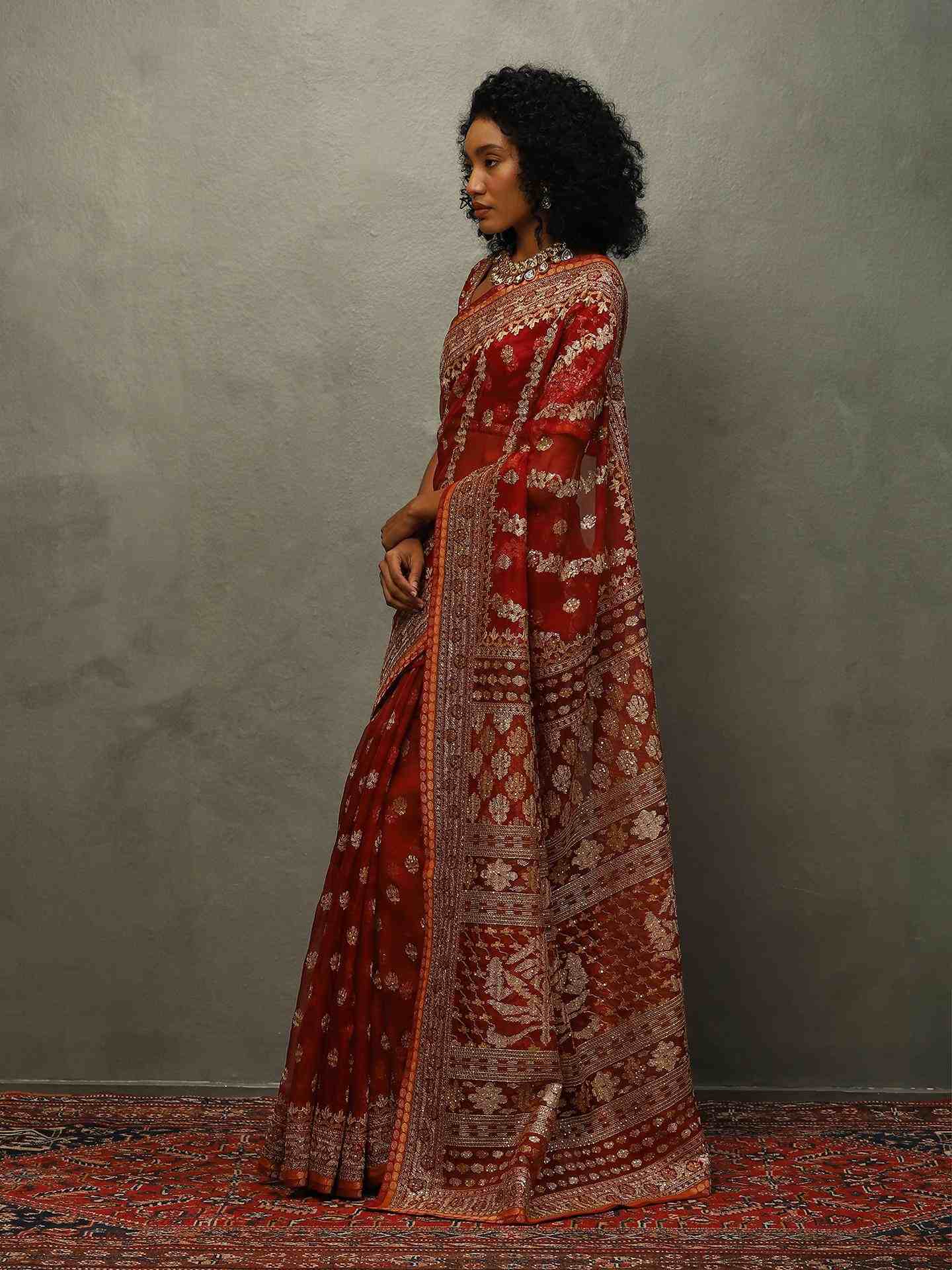 Red Jamdani Saree With Unstitched Blouse