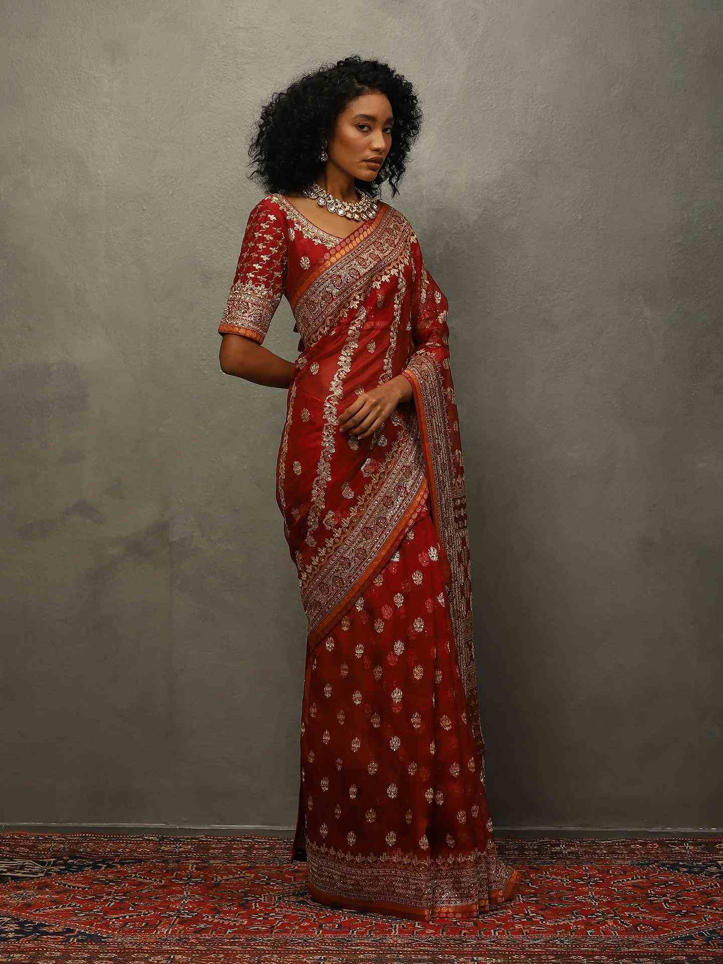 Red Jamdani Saree With Unstitched Blouse