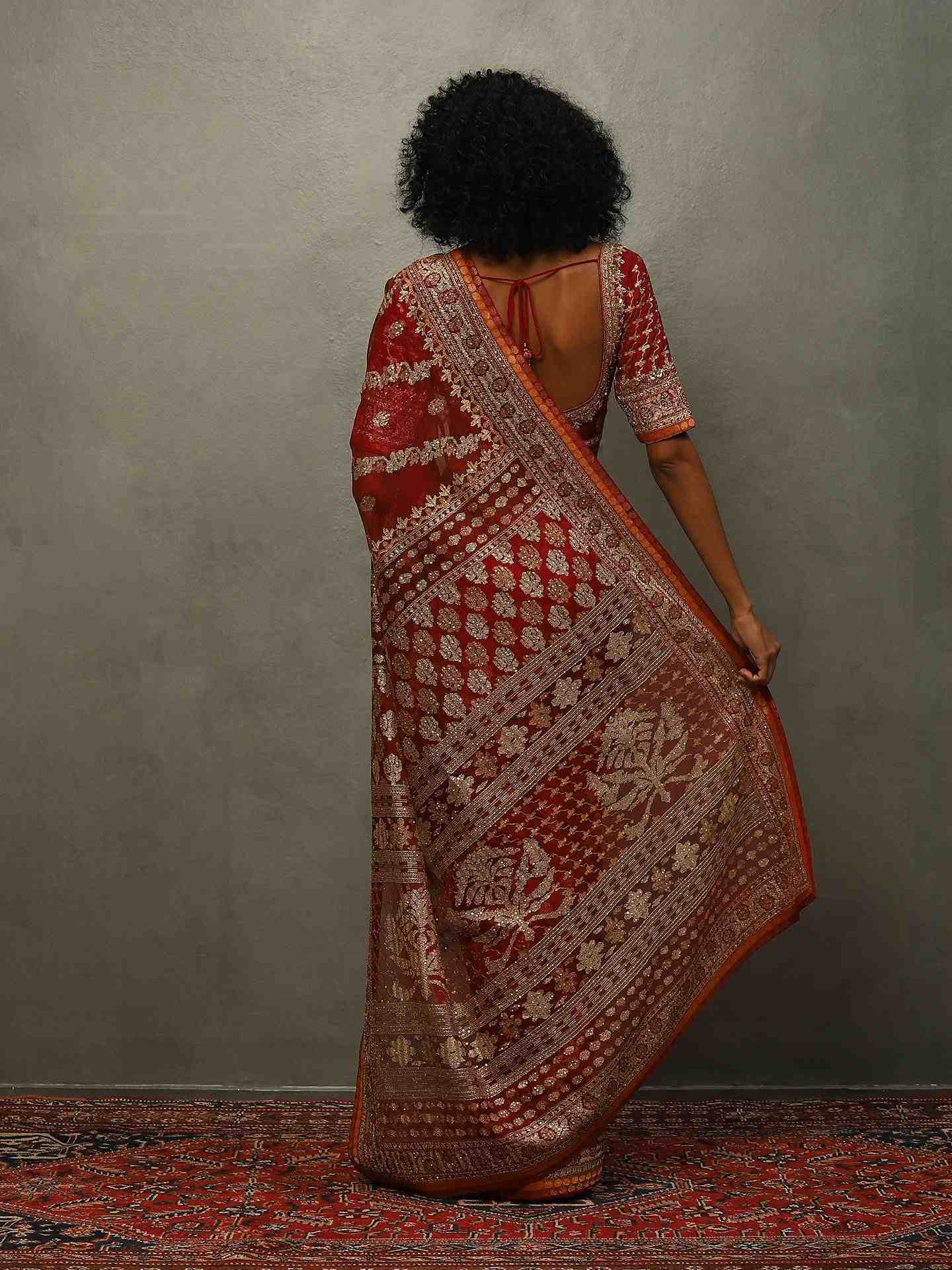 Red Jamdani Saree With Unstitched Blouse