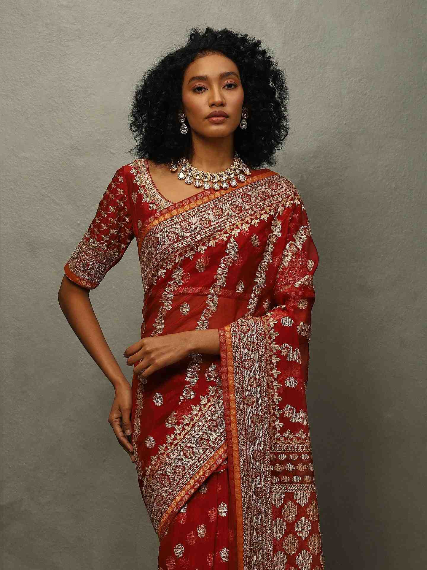 Red Jamdani Saree With Unstitched Blouse