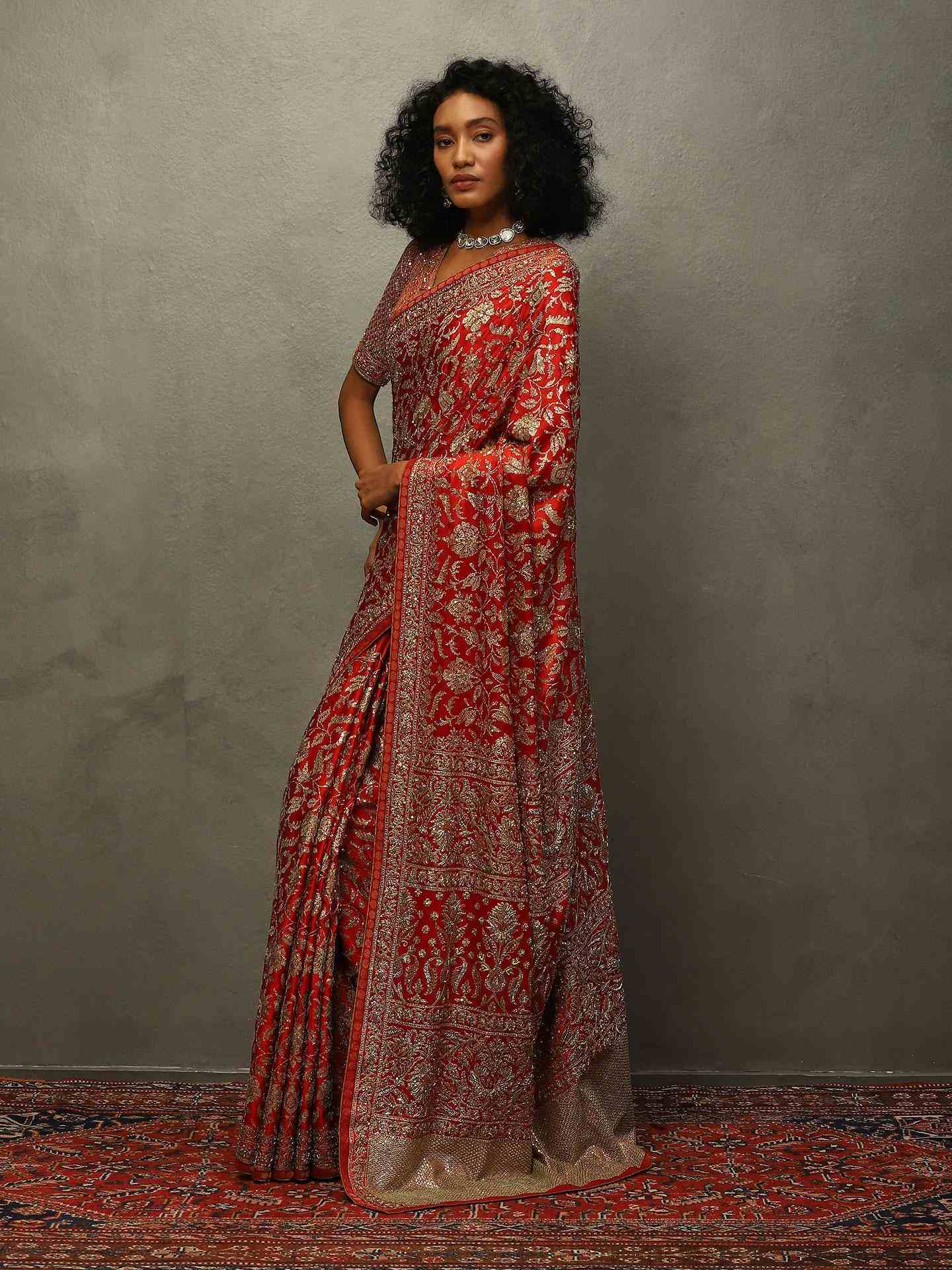 Salsa Red Lina Saree With Unstitched Blouse