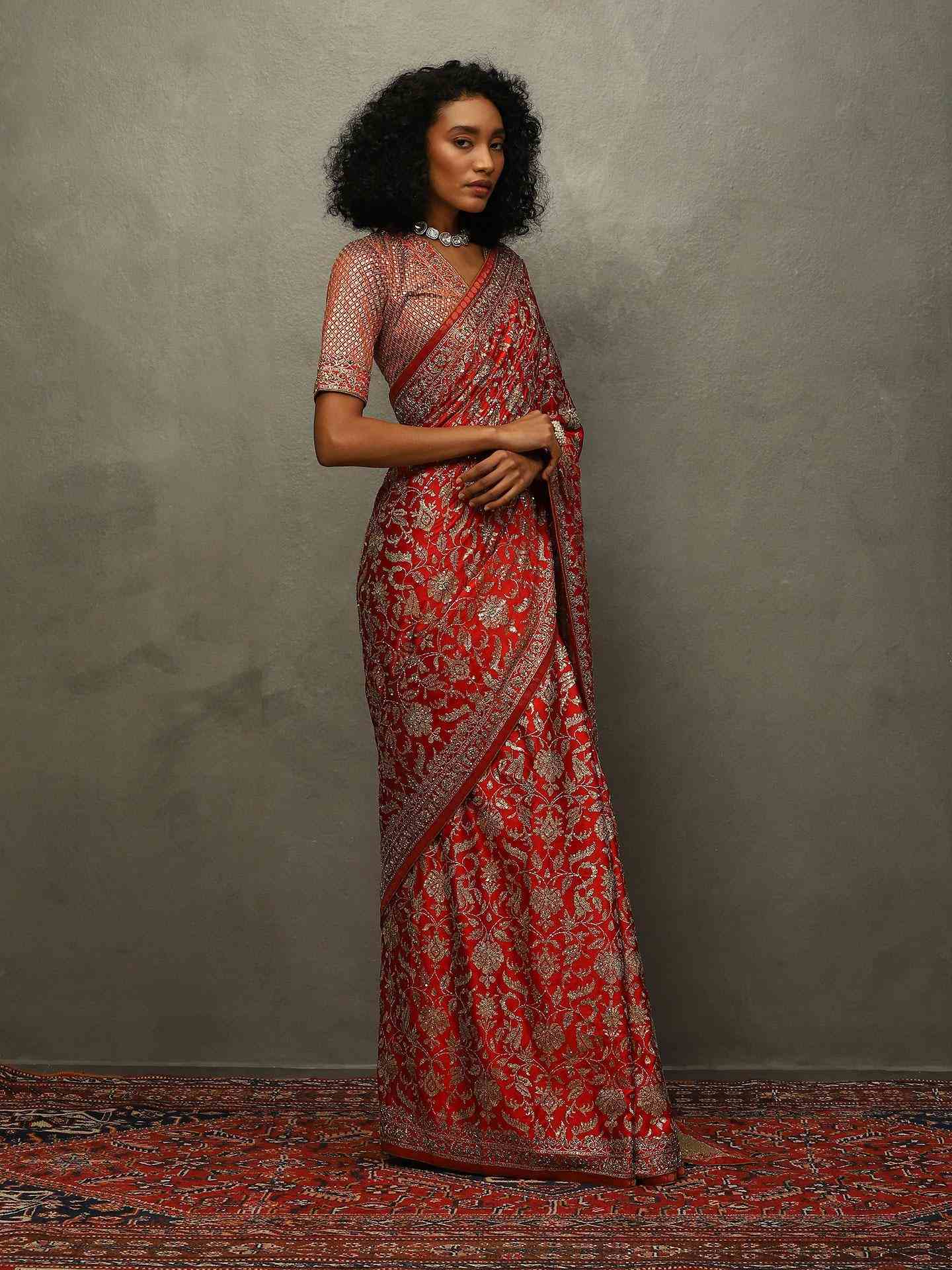 Salsa Red Lina Saree With Unstitched Blouse