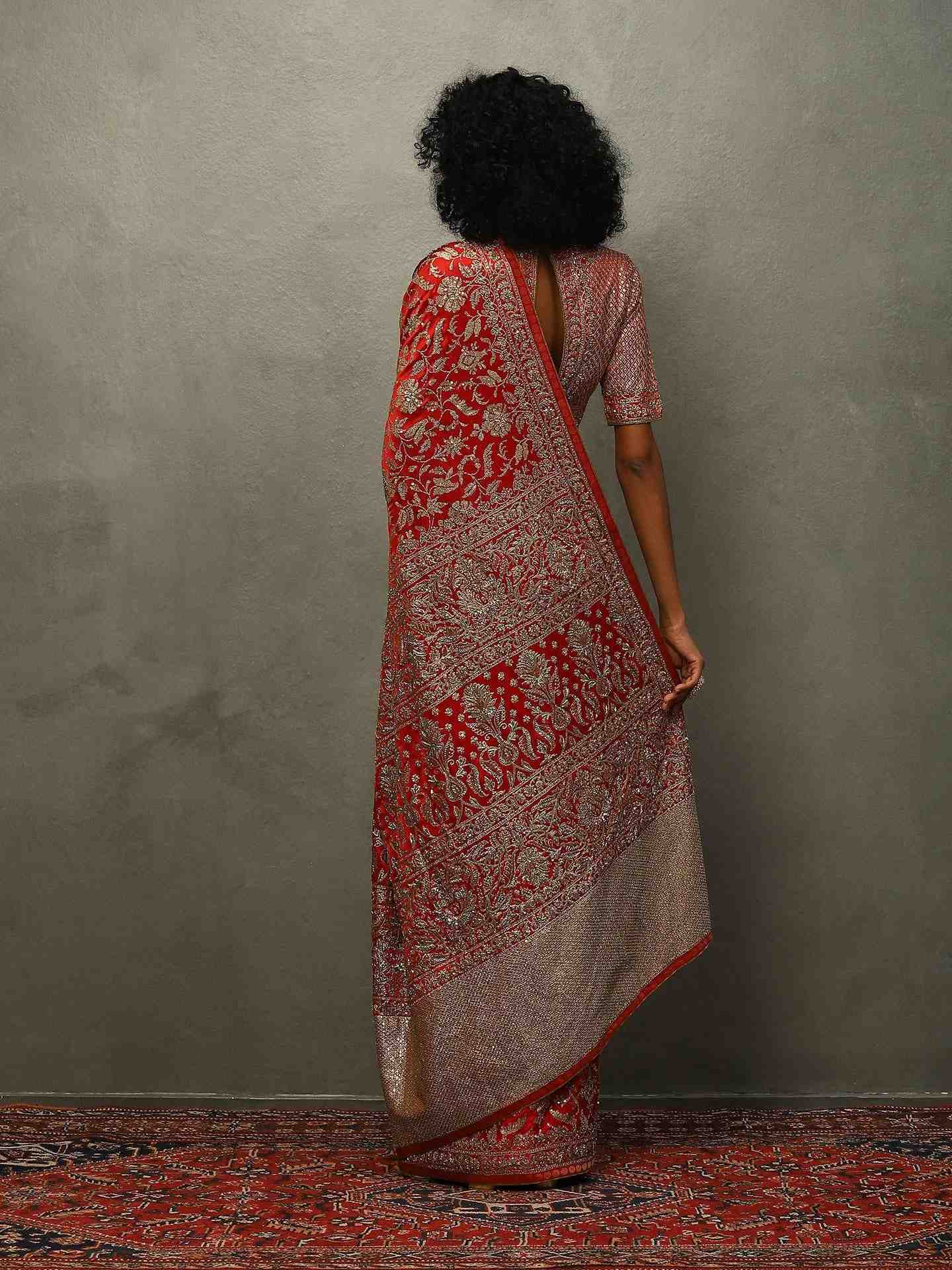 Salsa Red Lina Saree With Unstitched Blouse