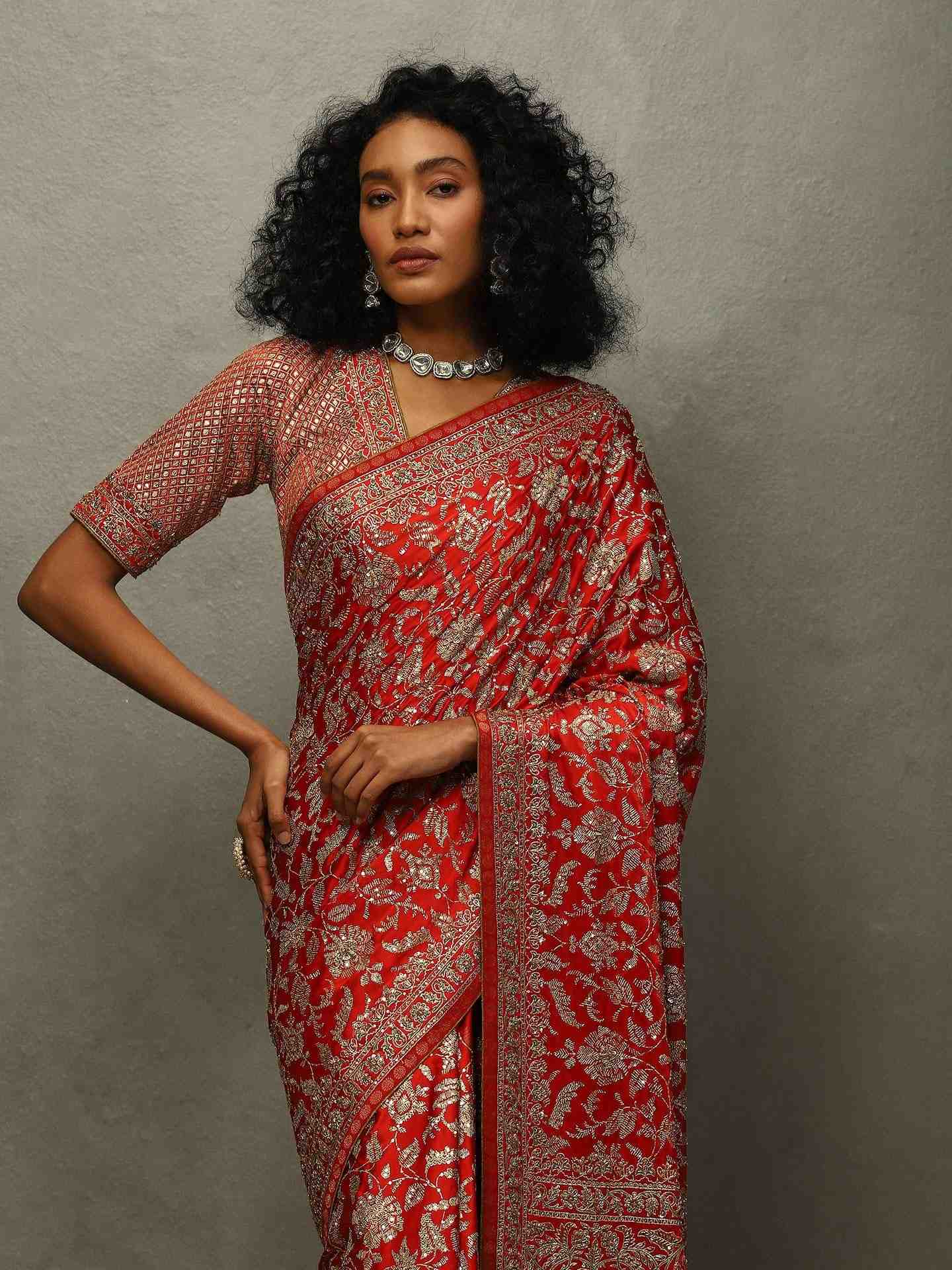 Salsa Red Lina Saree With Unstitched Blouse