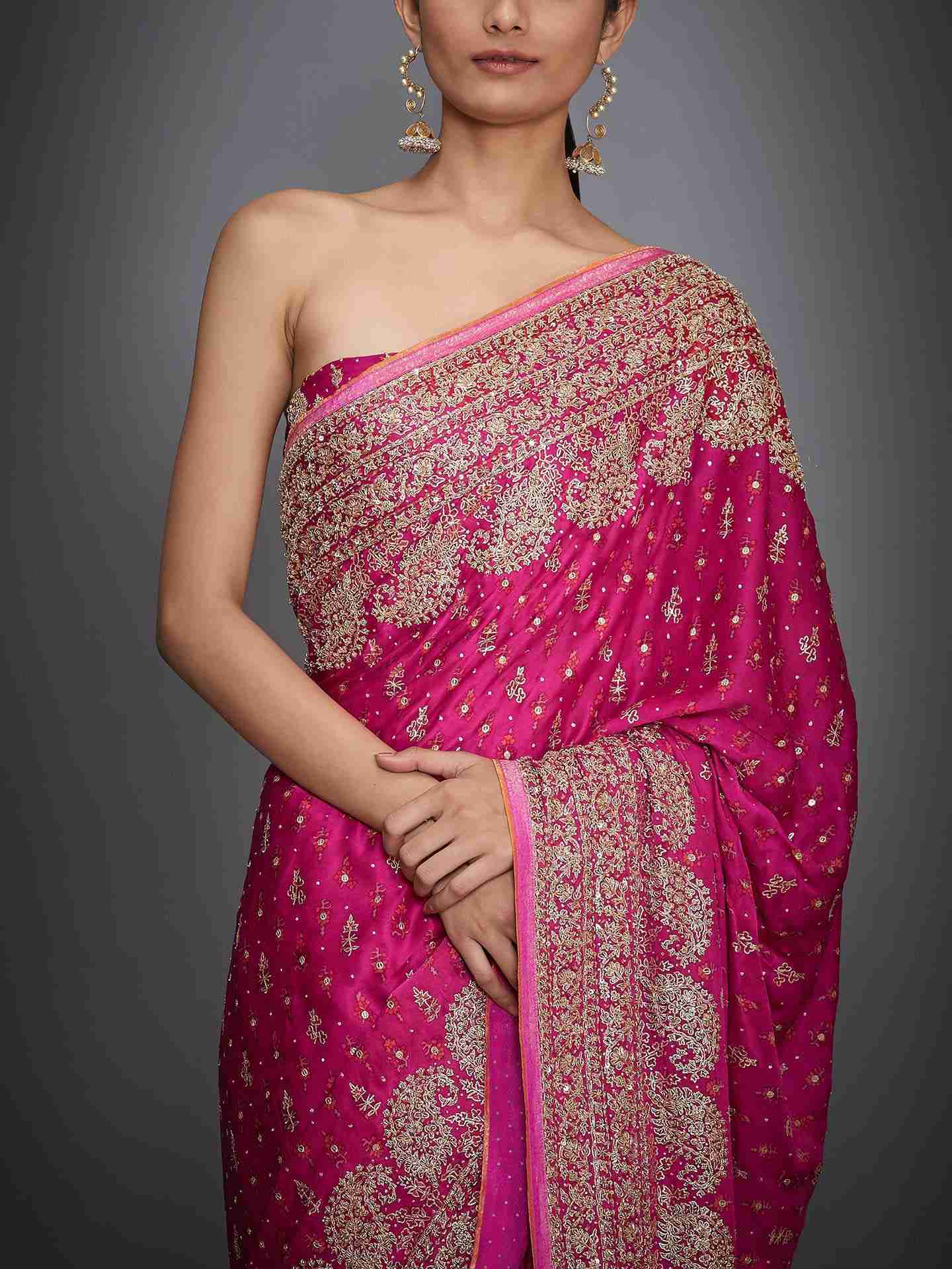 Fuschia Daya Zardozi Saree With Unstitched Blouse