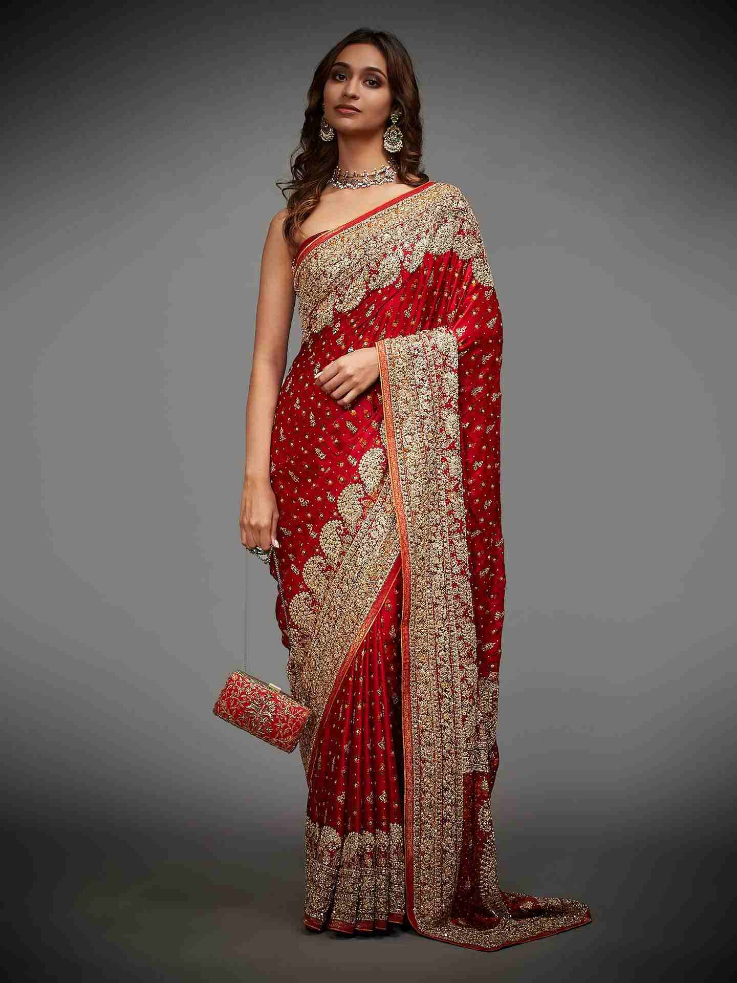 Red Daya Zardozi Saree With Unstitched Blouse
