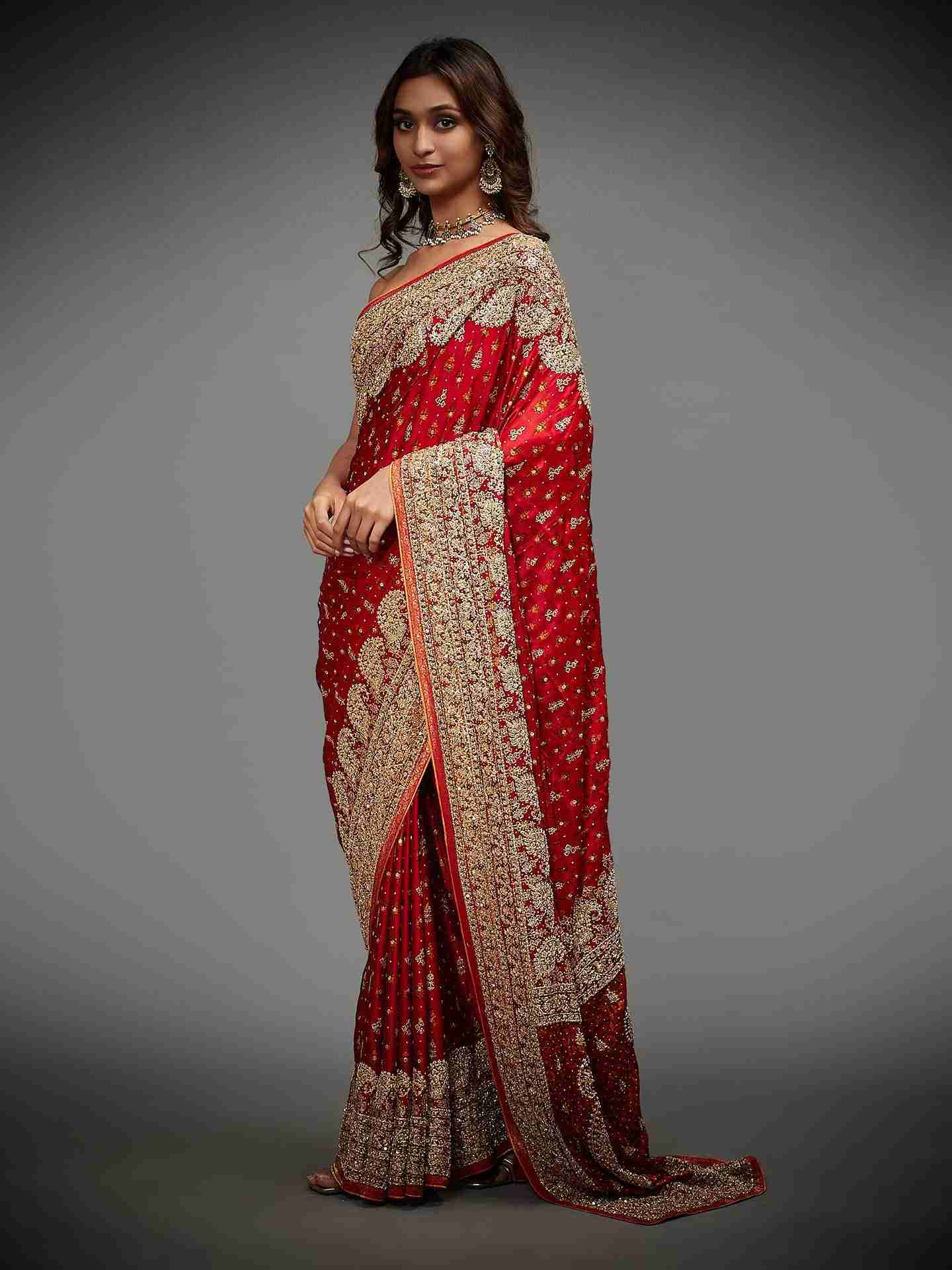 Red Daya Zardozi Saree With Unstitched Blouse
