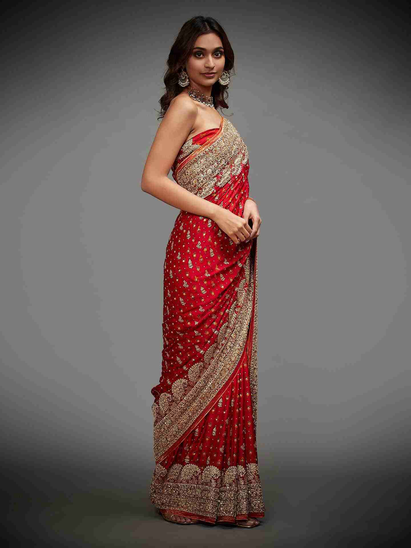 Red Daya Zardozi Saree With Unstitched Blouse