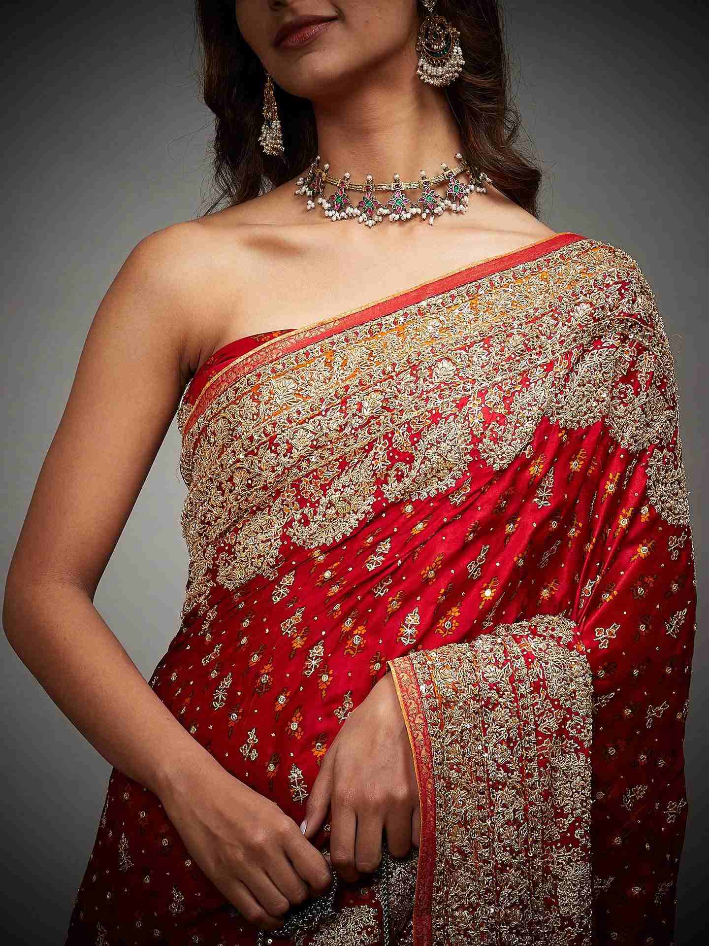Red Daya Zardozi Saree With Unstitched Blouse