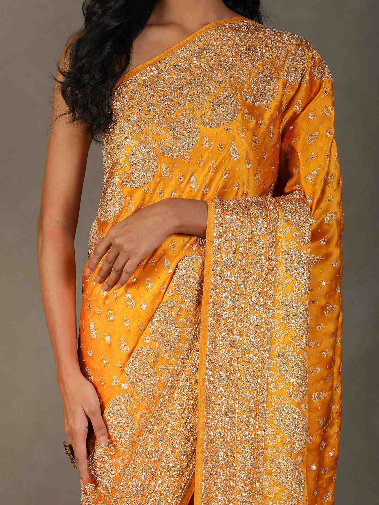 Yellow Daya Zardozi Saree With Unstitched Blouse