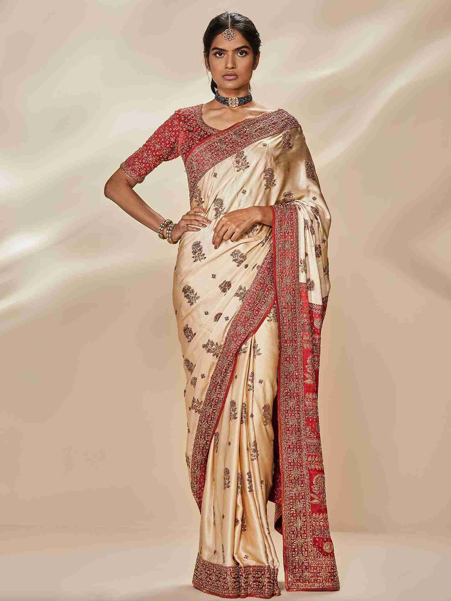 Off White & Red Nabha Saree With Unstitched Blouse