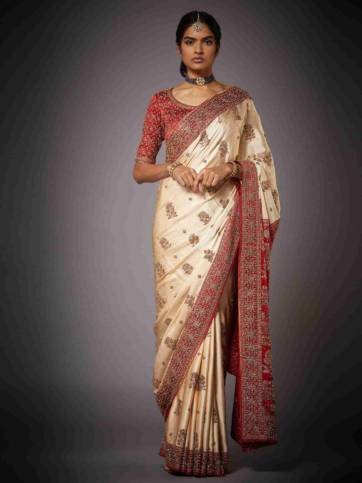 Off White & Red Nabha Saree With Unstitched Blouse