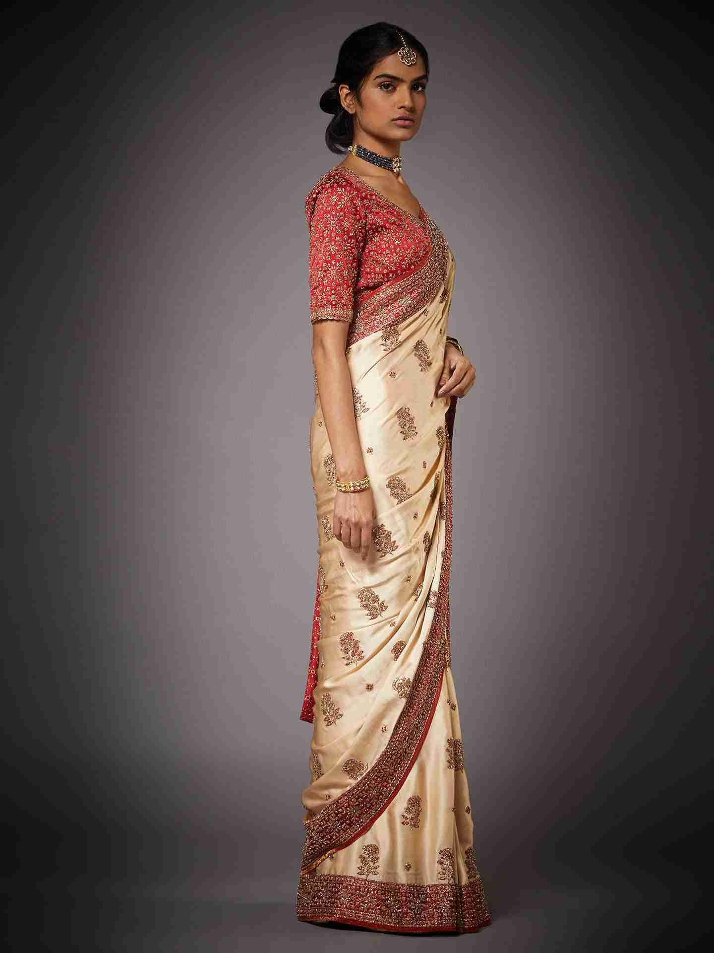 Off White & Red Nabha Saree With Unstitched Blouse