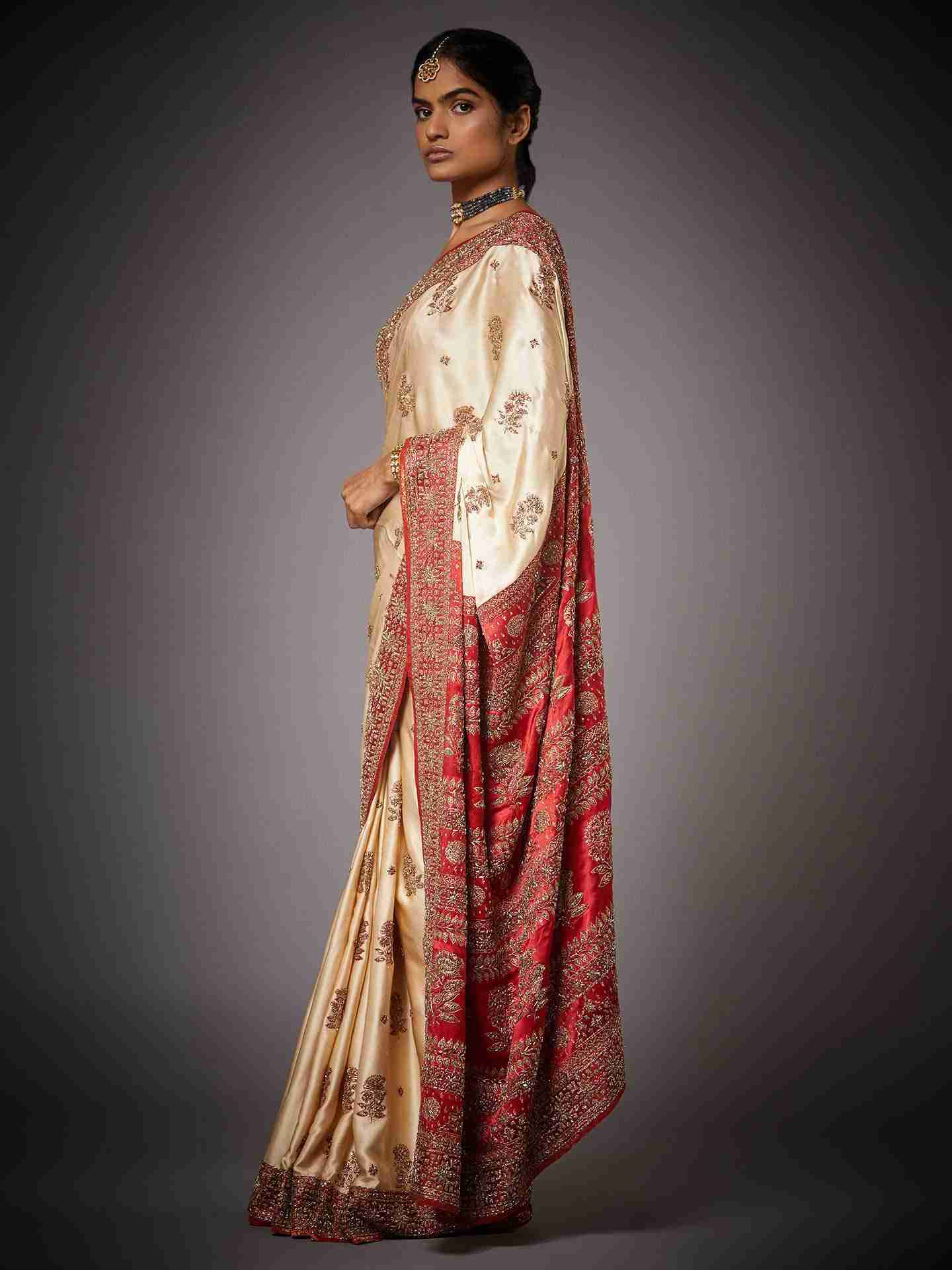 Off White & Red Nabha Saree With Unstitched Blouse