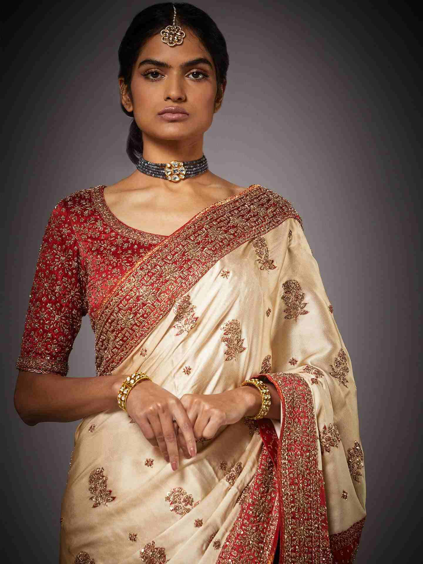 Off White & Red Nabha Saree With Unstitched Blouse