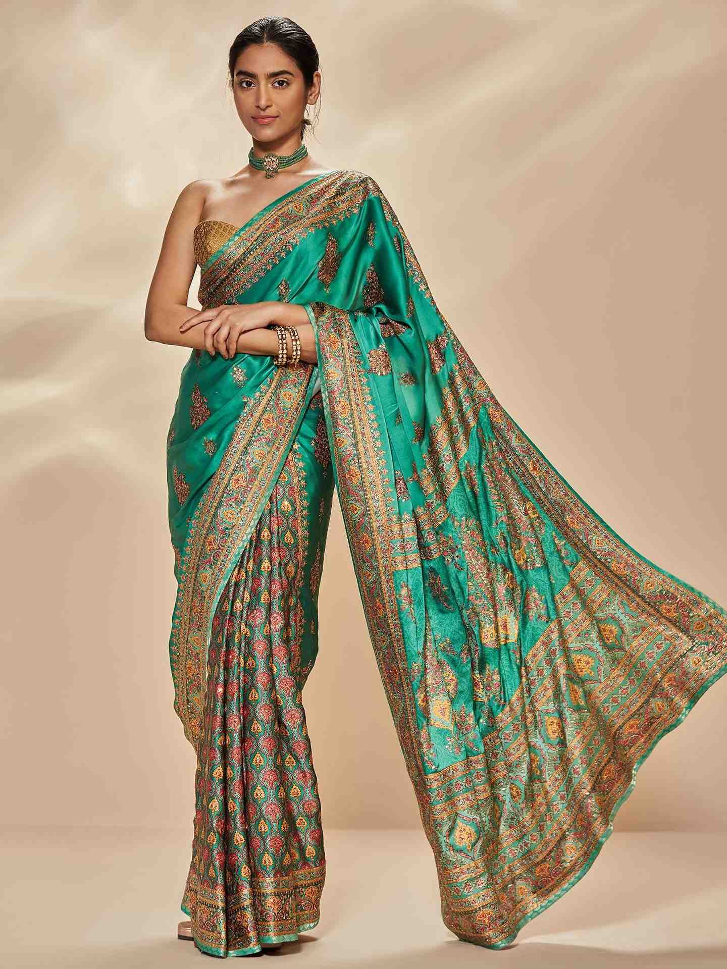 Jade & Multi Anantnag Saree With Unstitched Blouse