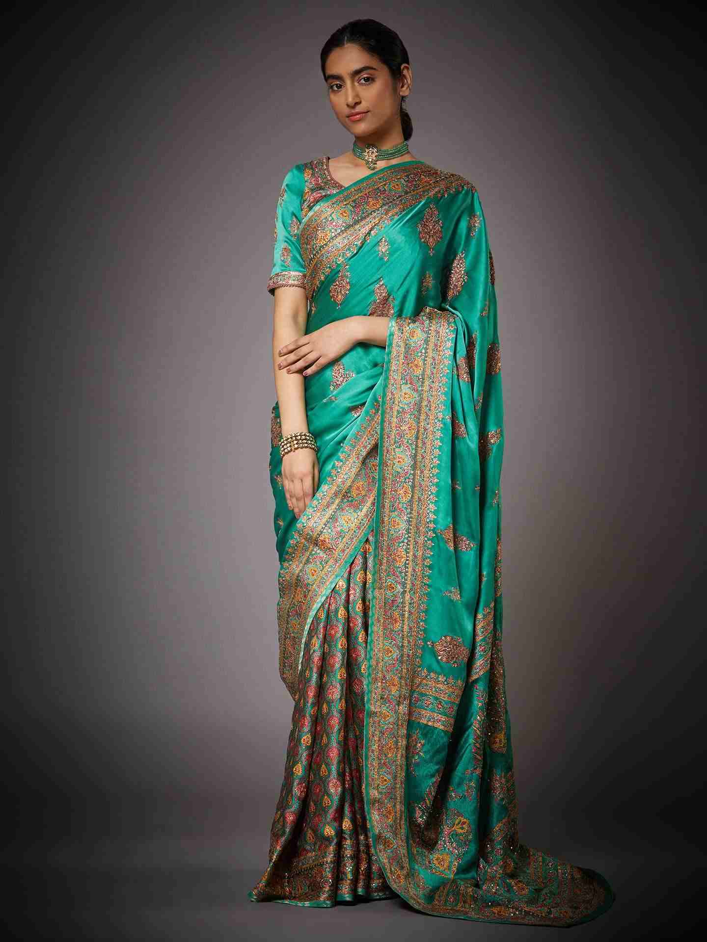 Jade & Multi Anantnag Saree With Unstitched Blouse