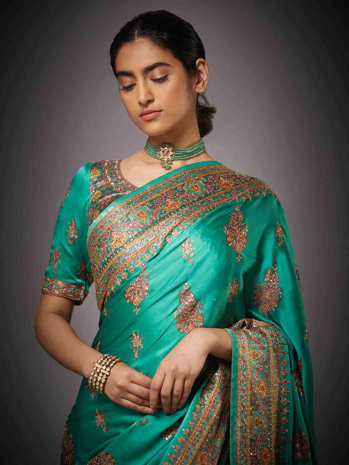 Jade & Multi Anantnag Saree With Unstitched Blouse