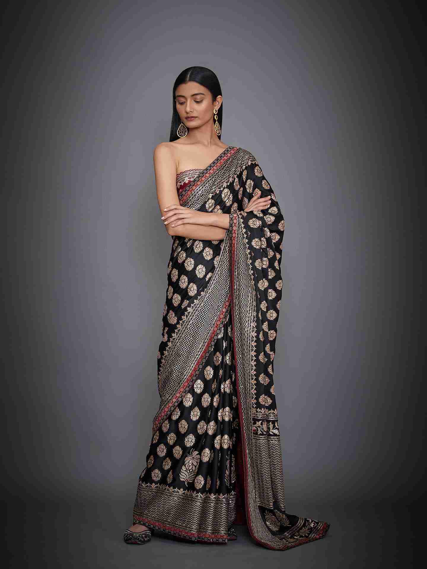 Black Agora Jasmine Saree With Unstitched Blouse