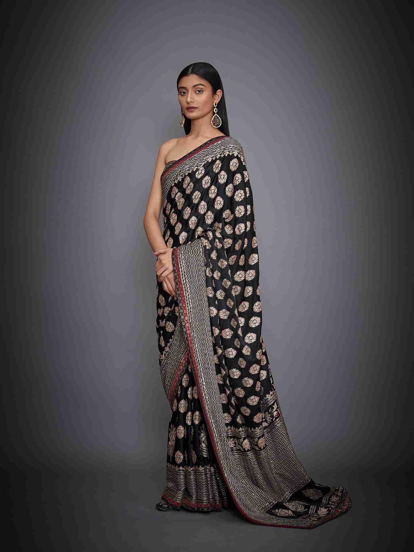 Black Agora Jasmine Saree With Unstitched Blouse