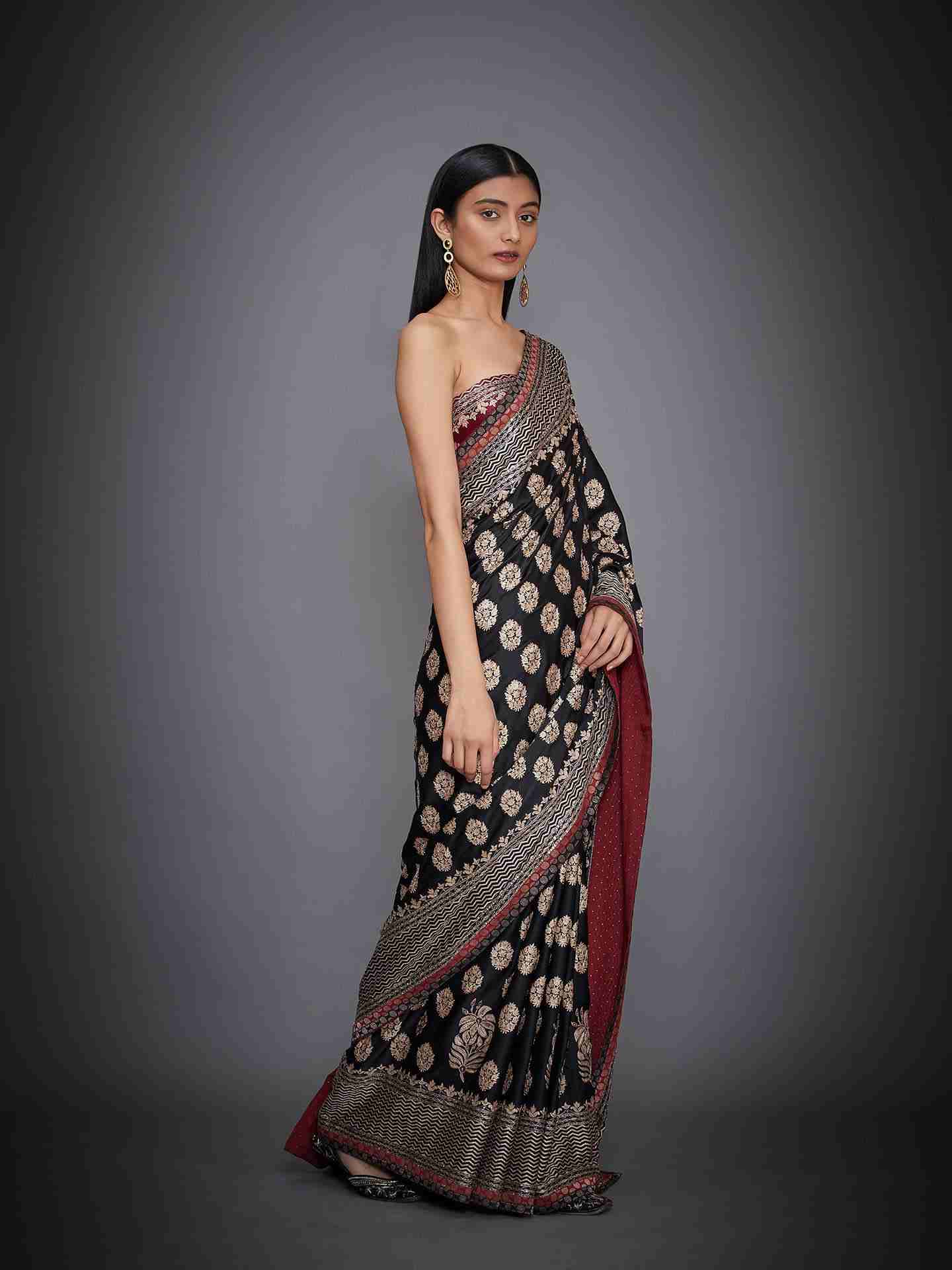 Black Agora Jasmine Saree With Unstitched Blouse