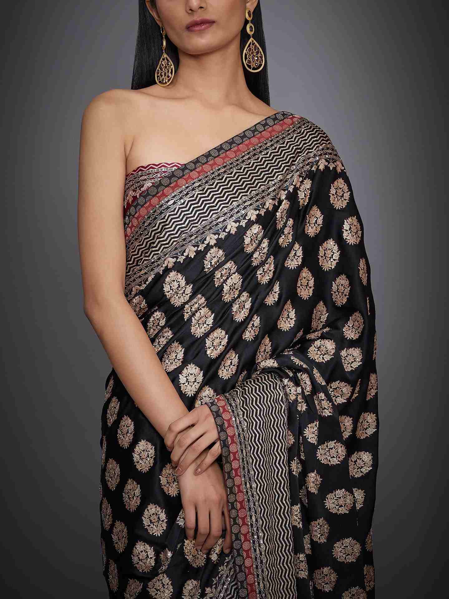 Black Agora Jasmine Saree With Unstitched Blouse