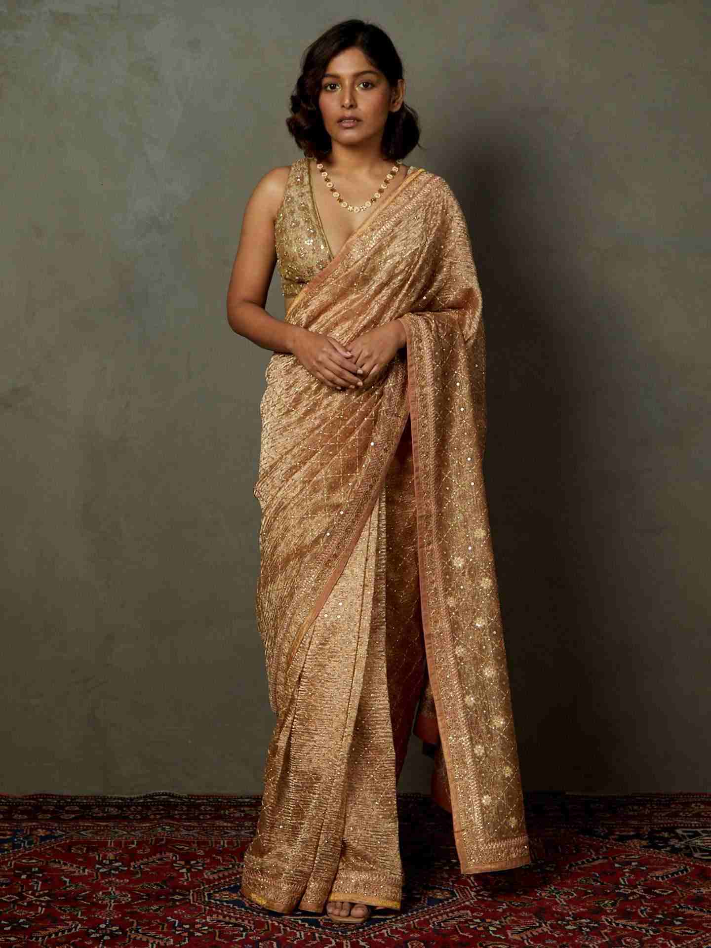 Peach Rohira Saree With Unstitched Blouse