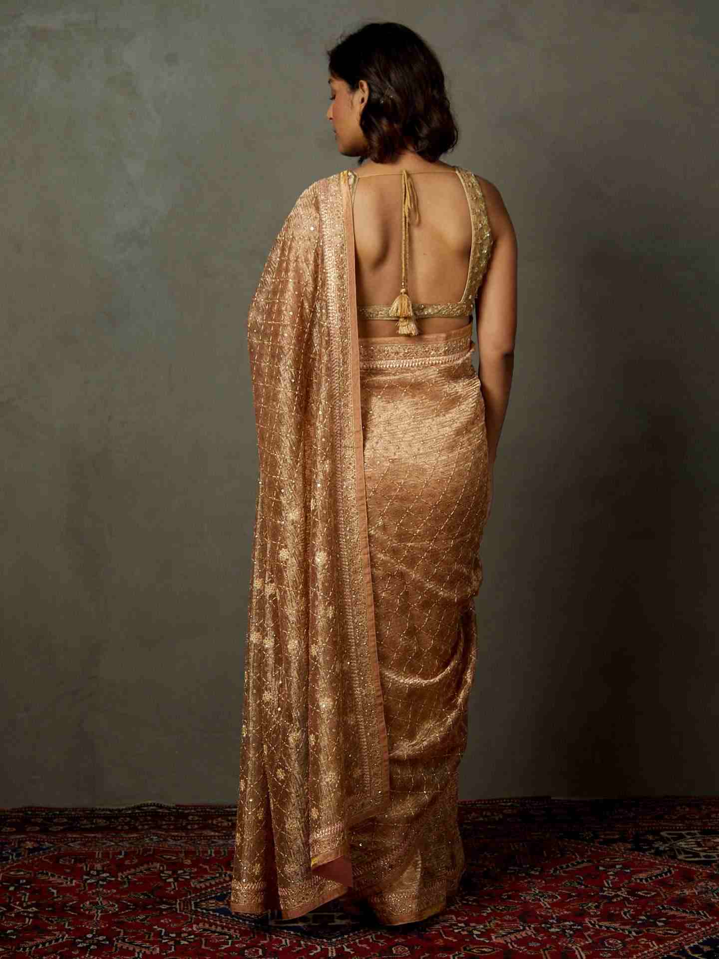 Peach Rohira Saree With Unstitched Blouse
