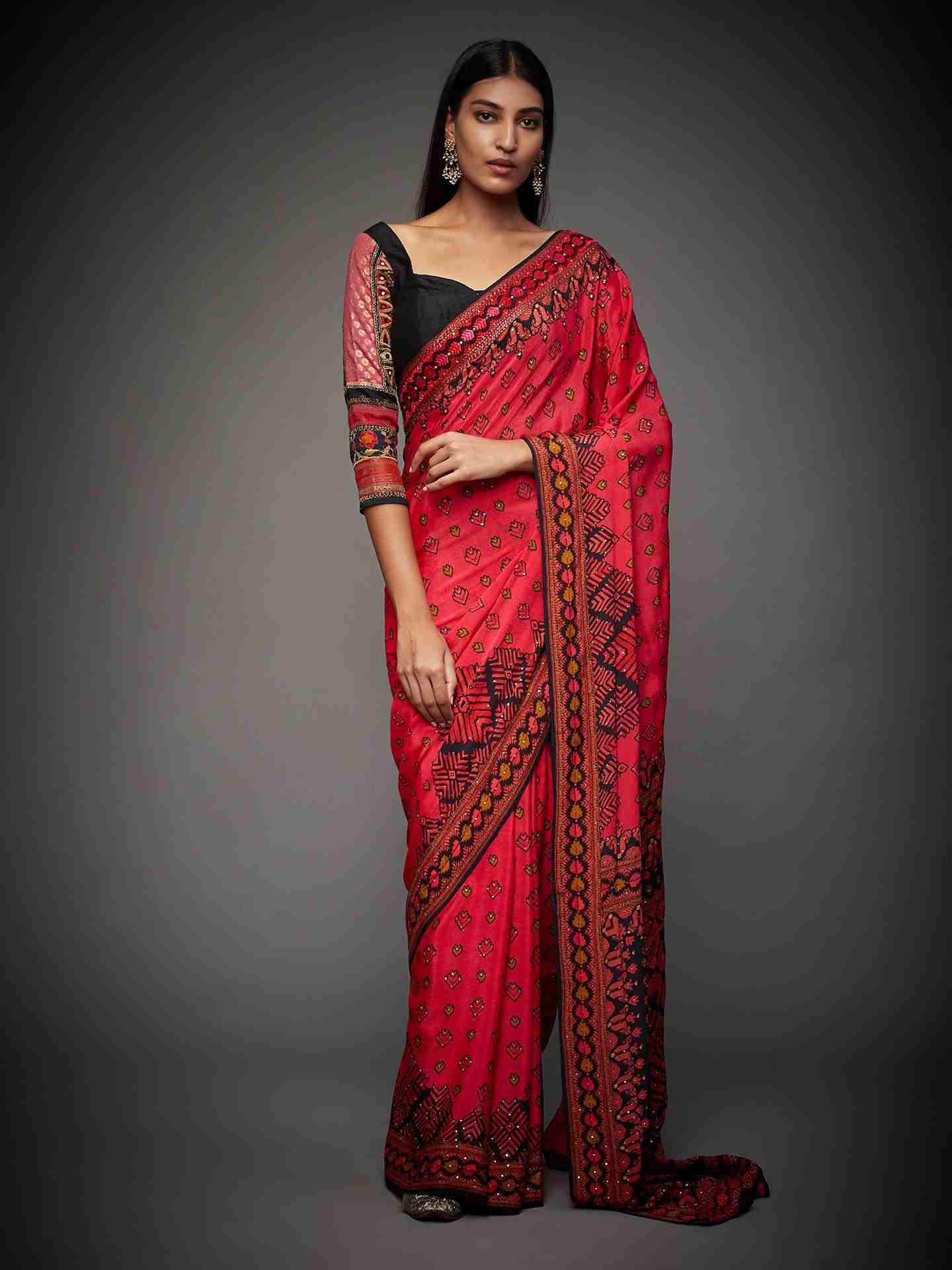 Cherry Red Phulkari Saree With Unstitched Blouse