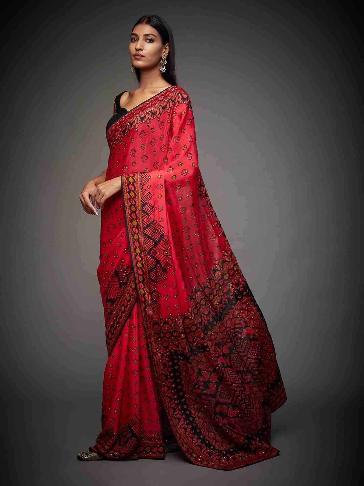 Cherry Red Phulkari Saree With Unstitched Blouse