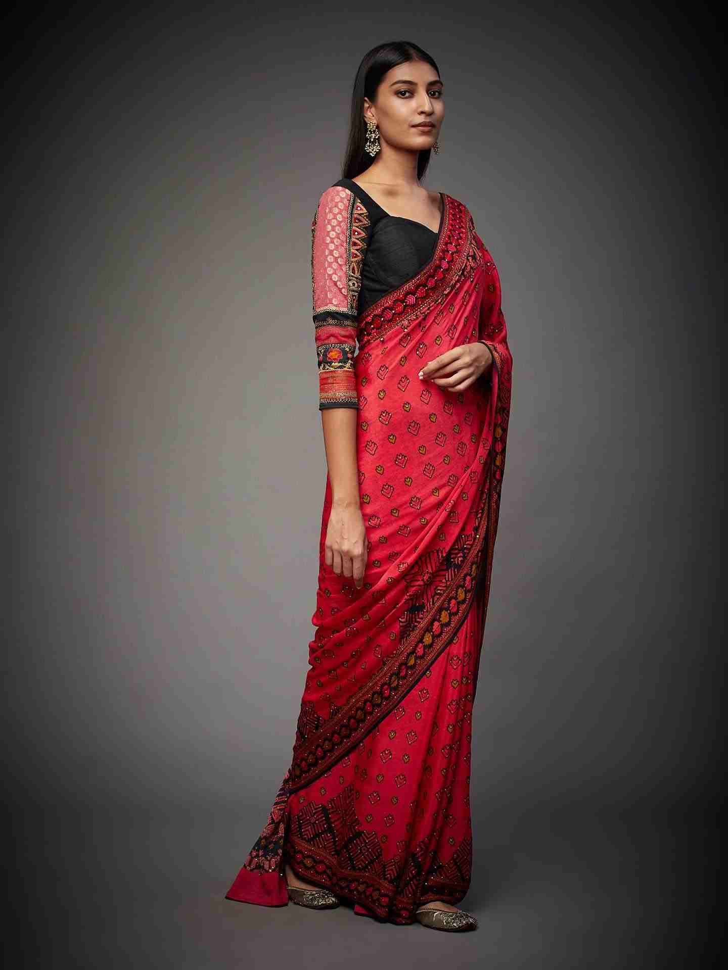 Cherry Red Phulkari Saree With Unstitched Blouse