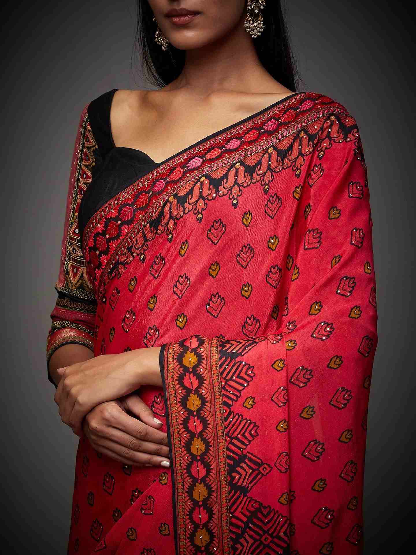 Cherry Red Phulkari Saree With Unstitched Blouse