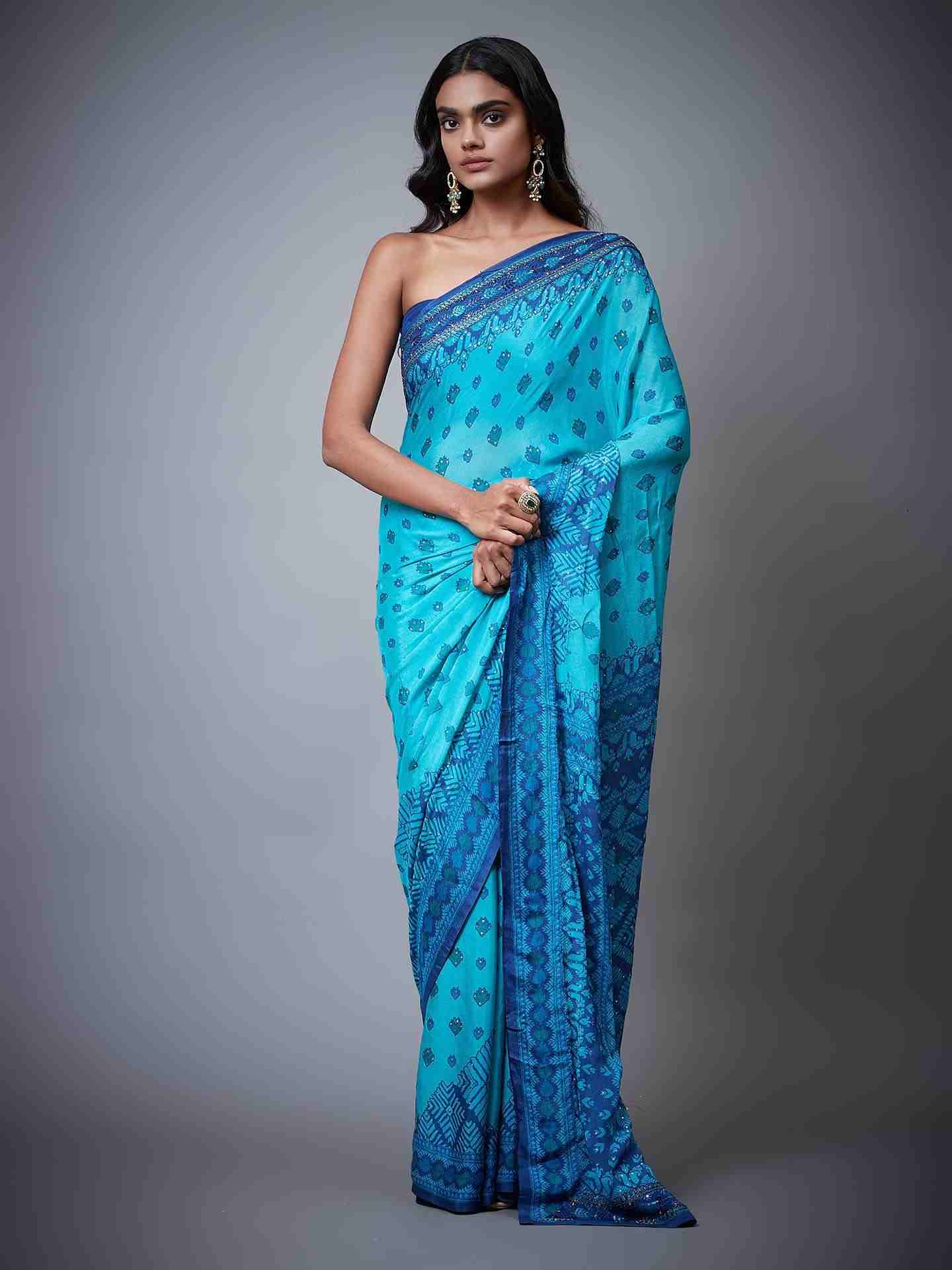 Turquoise Phulkari Saree With Unstitched Blouse