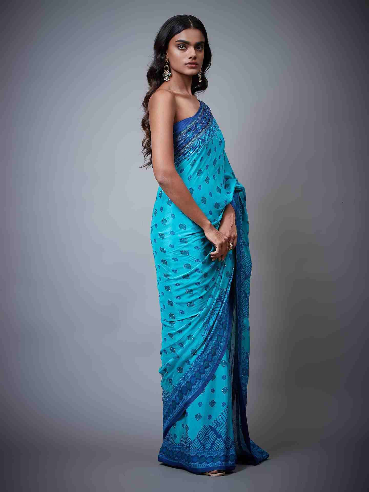 Turquoise Phulkari Saree With Unstitched Blouse