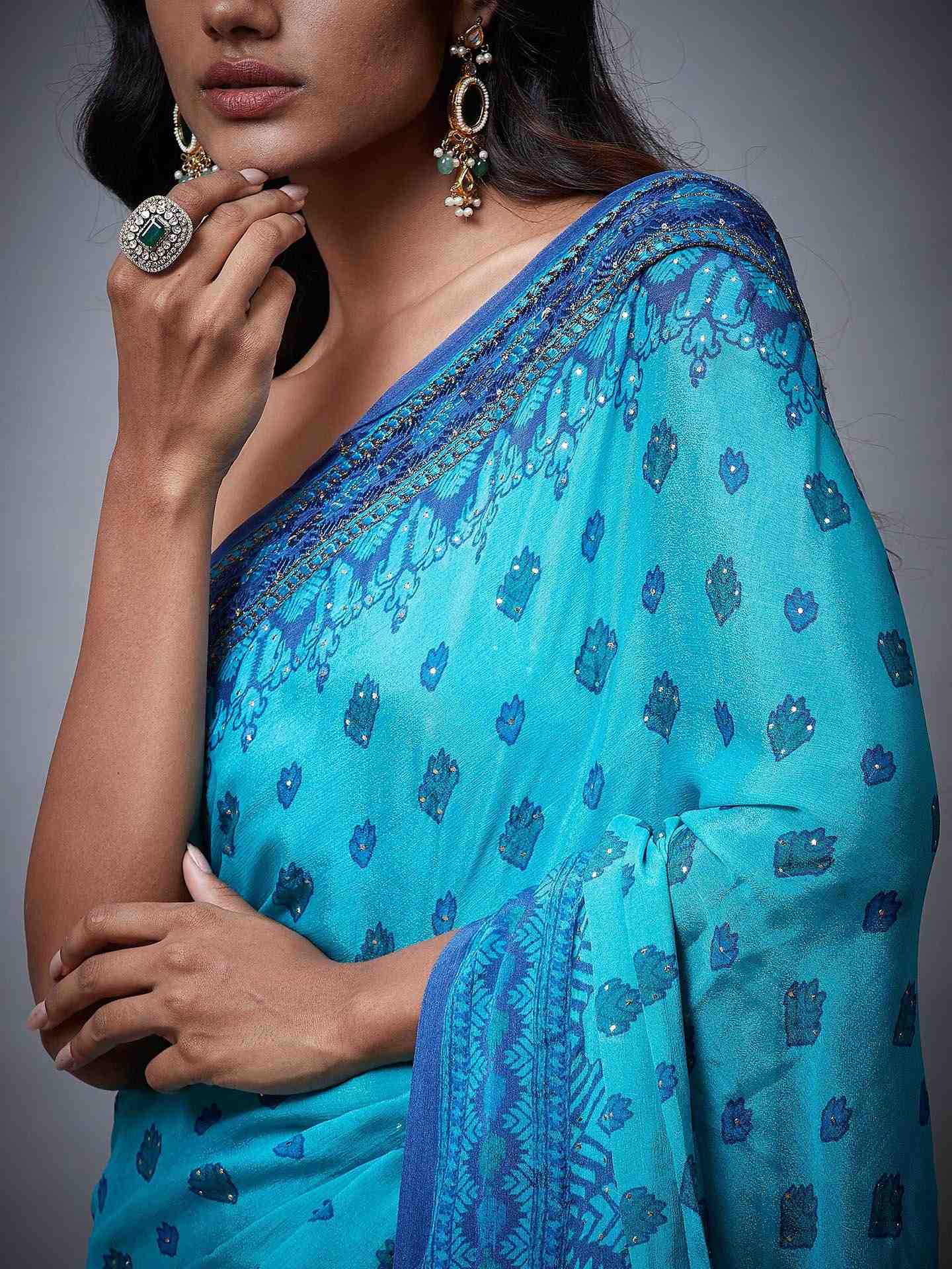 Turquoise Phulkari Saree With Unstitched Blouse