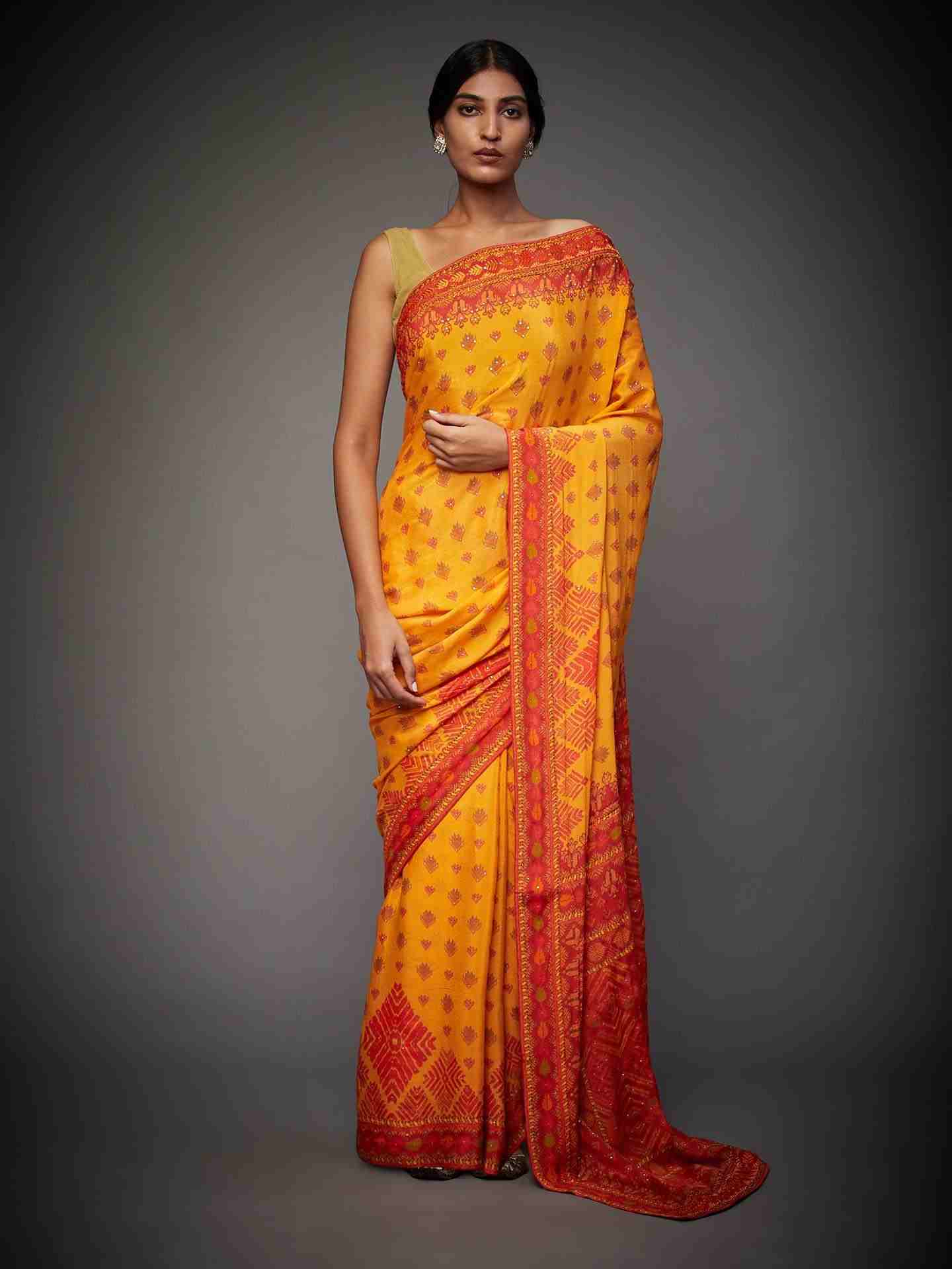 Yellow Phulkari Saree With Unstitched Blouse