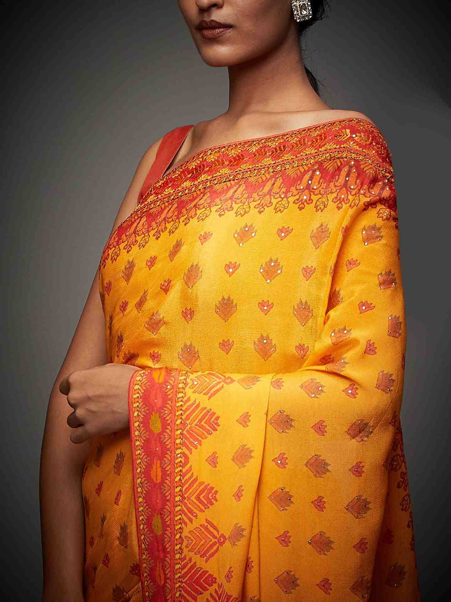 Yellow Phulkari Saree With Unstitched Blouse
